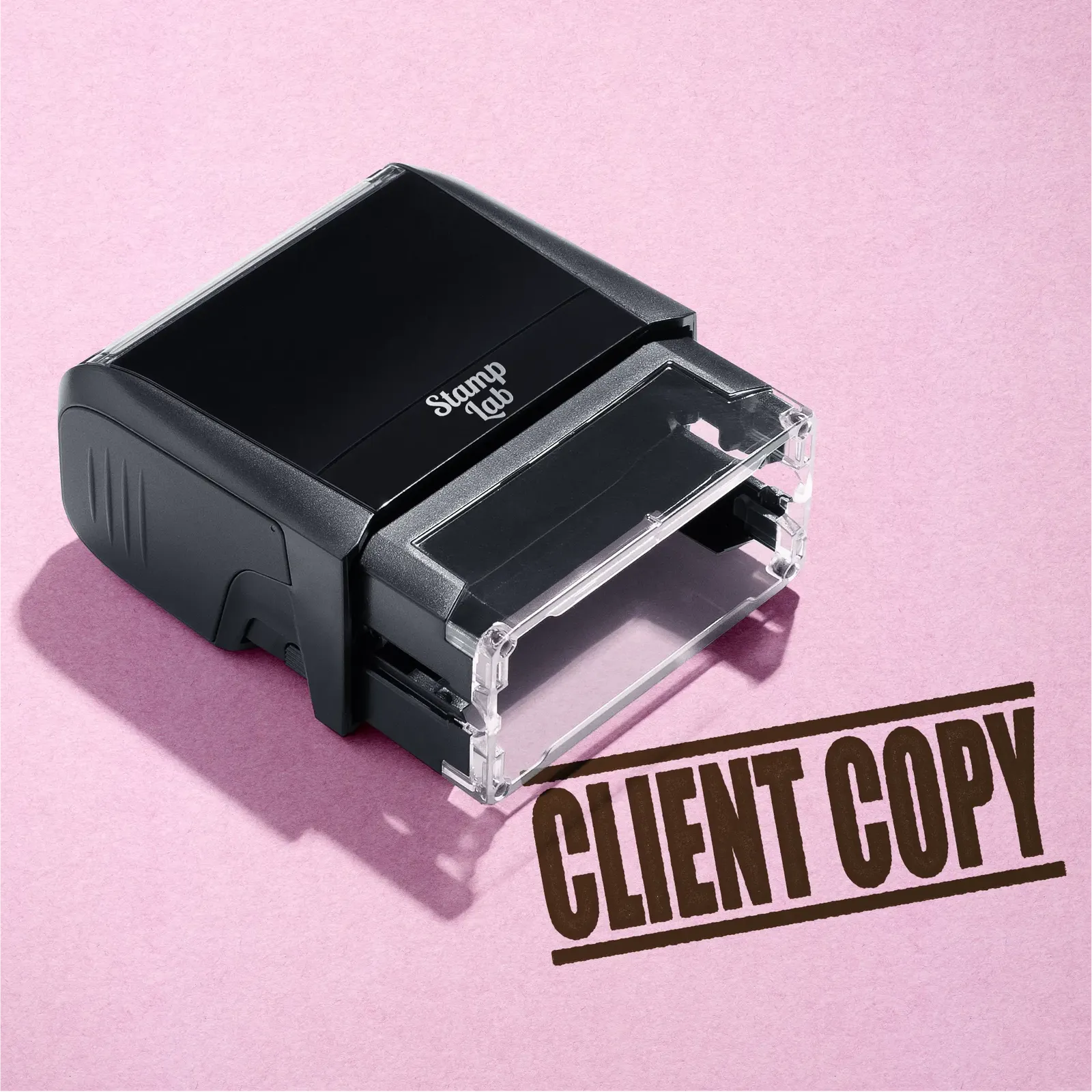 "Mock up design or lifestyle image of 'CLIENT COPY' rubber stamp brown ink in paper background stampers hand stamp office business inventory documents brown
"