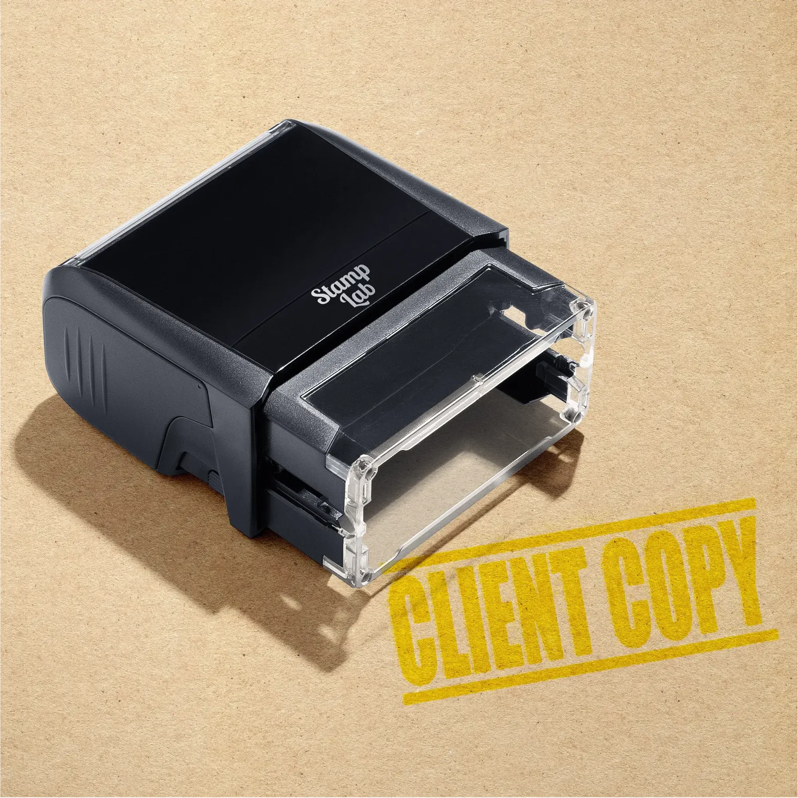 "Mock up design or lifestyle image of 'CLIENT COPY' rubber stamp yellow ink in paper background stampers hand stamp office business inventory documents yellow
"