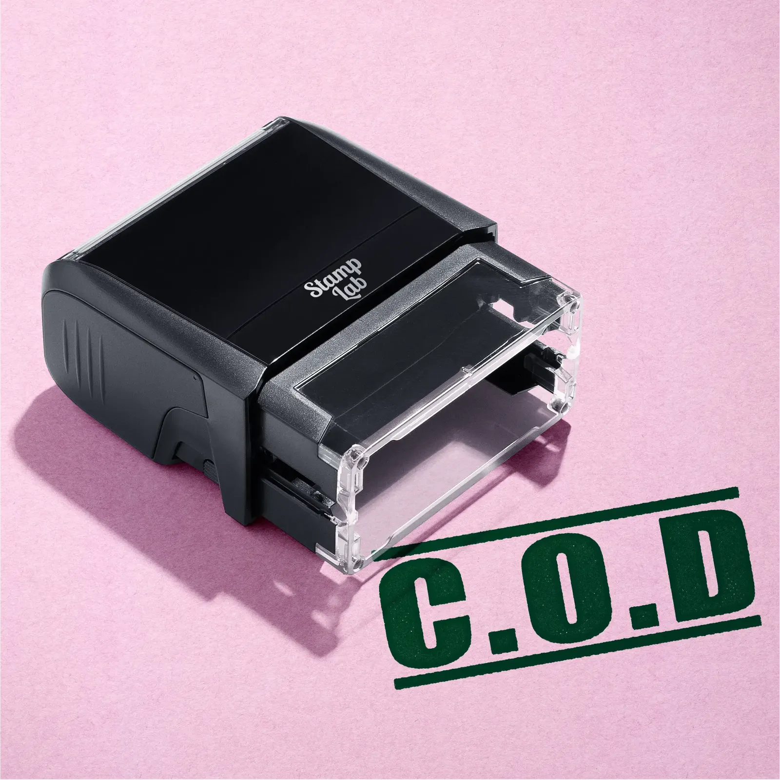 mock up design or lifestyle image of COD rubber stamp green ink in paper background stampers hand stamp office business inventory documents