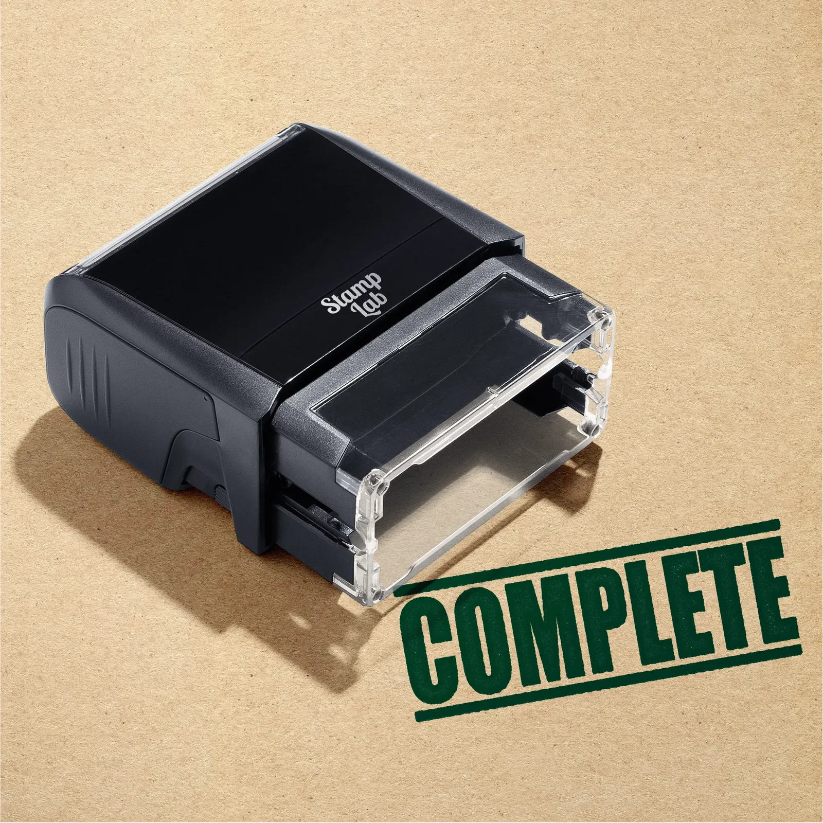 mock up design or lifestyle image of 'Complete' rubber stamp green ink in paper background stampers hand stamp office business inventory documents