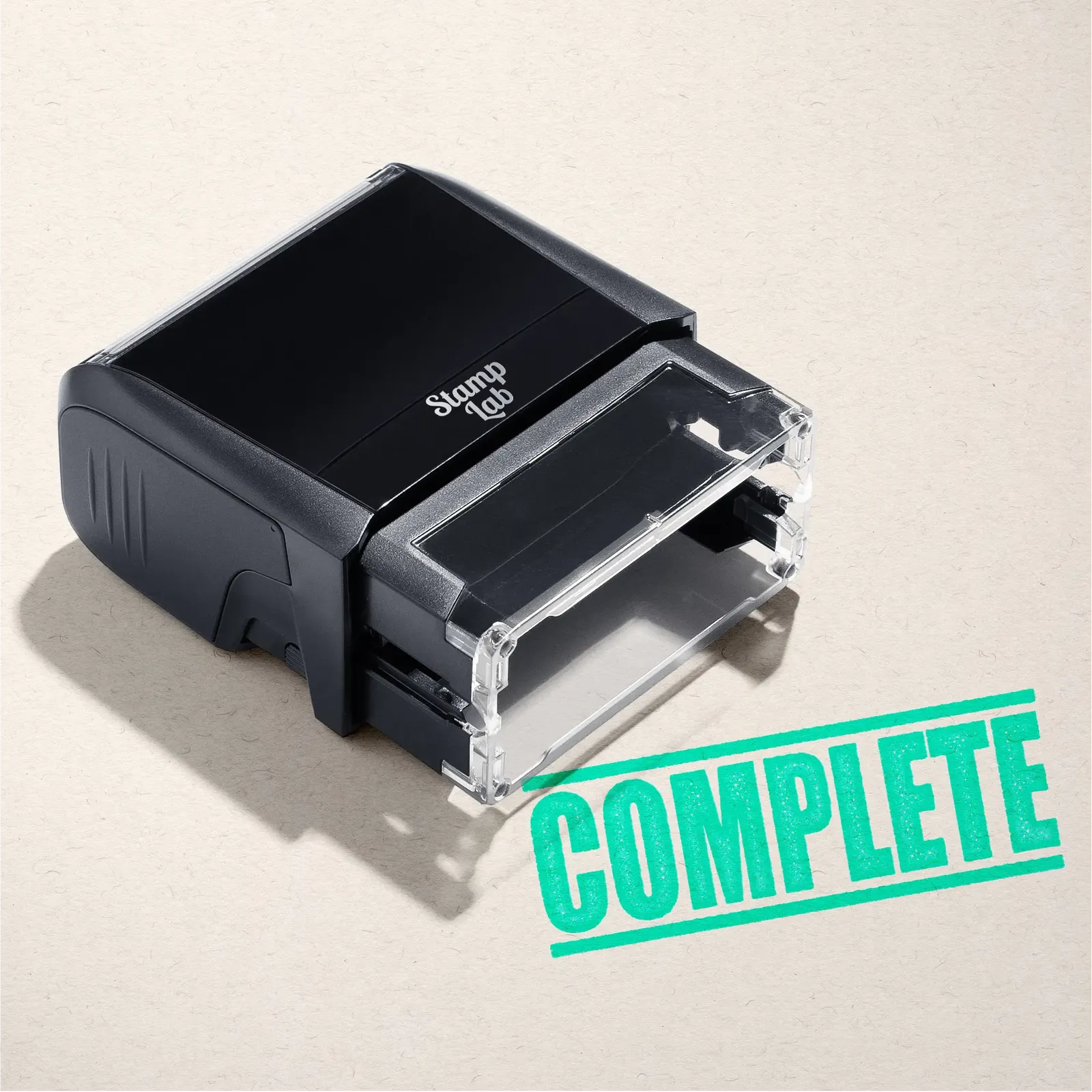 mock up design or lifestyle image of 'Complete' rubber stamp mint ink in paper background stampers hand stamp office business inventory documents