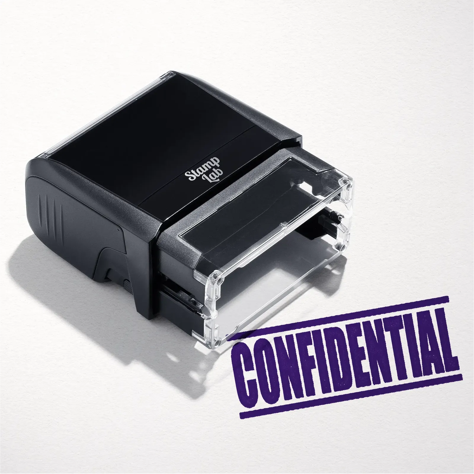 mock up design or lifestyle image of 'Confidential' rubber stamp violet ink in paper background stampers hand stamp office business inventory documents self inking prefill refillable stamps stamping