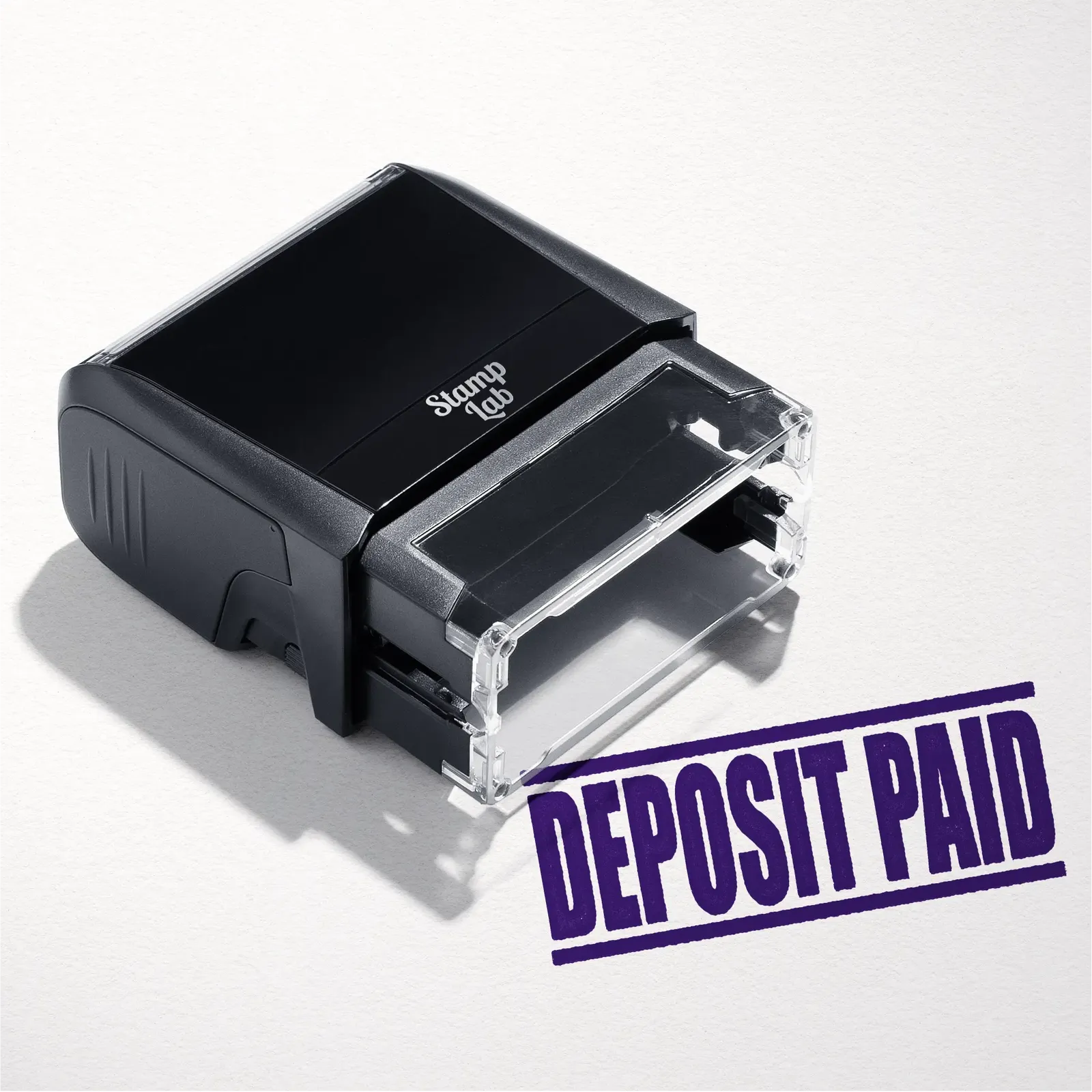 mock up design or lifestyle image of 'Deposit Paid' rubber stamp violet ink in paper background stampers hand stamp office business inventory documents self inking prefill refillable stamps stamping purple