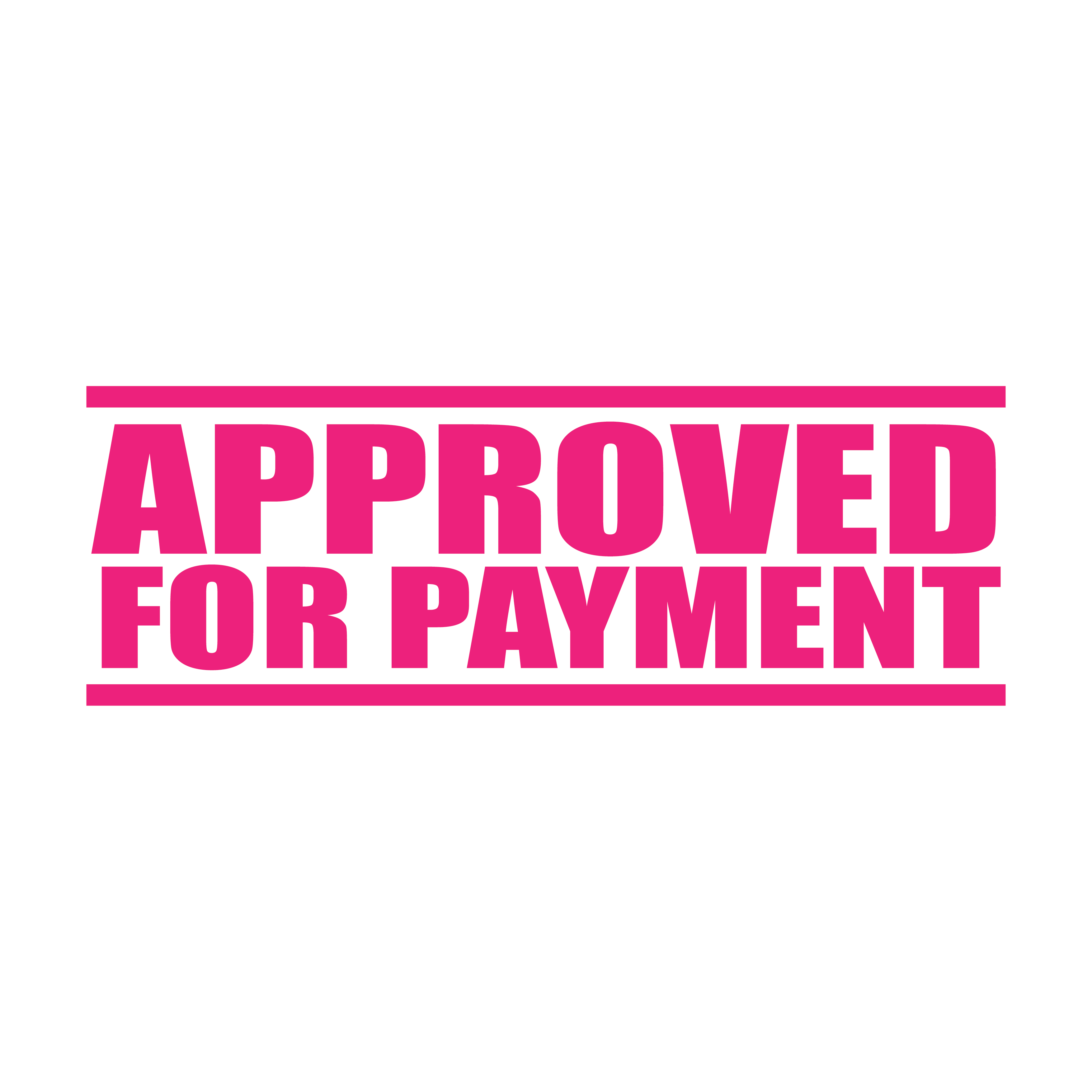 A pink self inking rubber stamp with the word 'Approved For Payment' printed in bold capital letters in pink ink. stampers hand stamp office business inventory documents