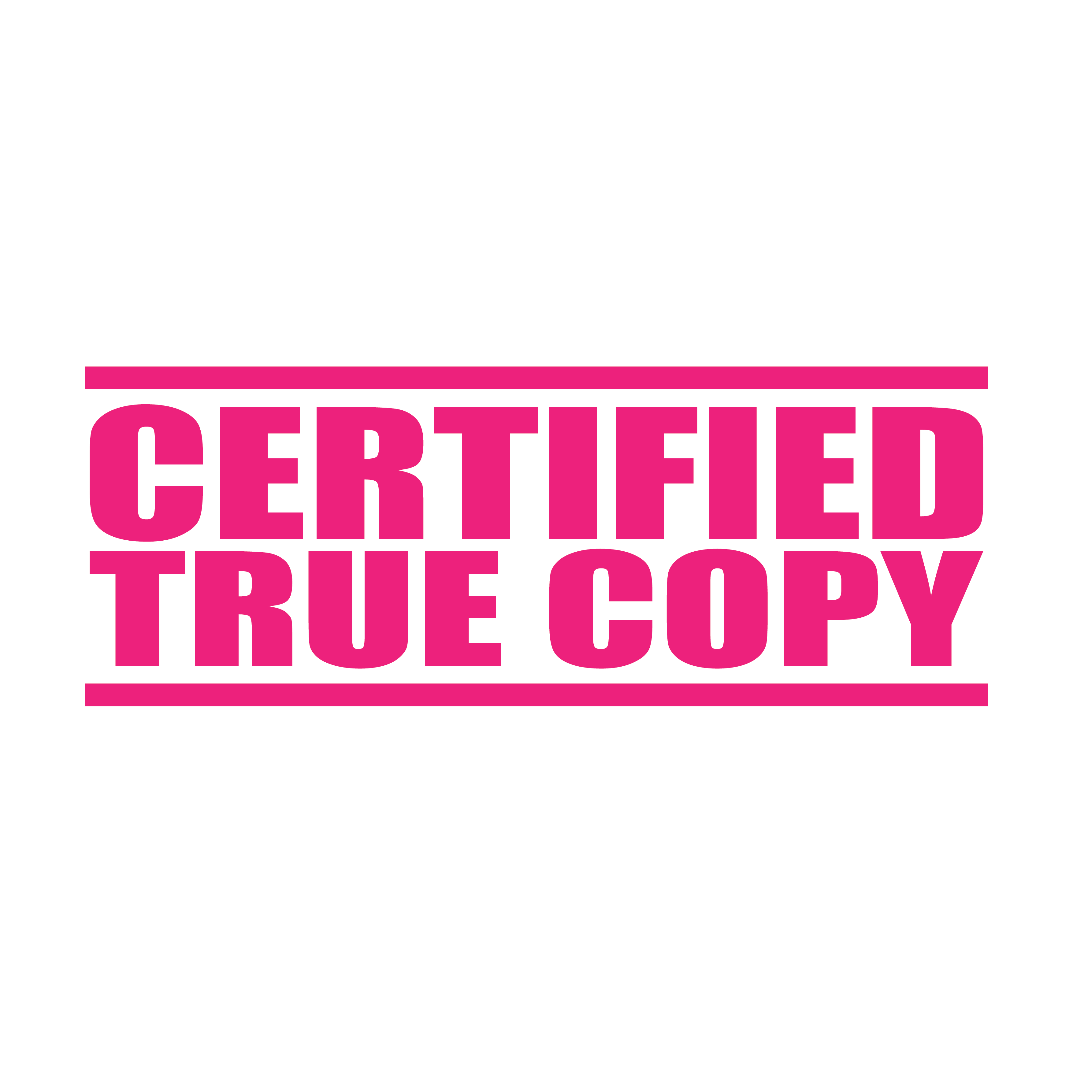 A pink self inking rubber stamp with the word 'Certified True Copy' printed in bold capital letters in pink ink. stampers hand stamp office business inventory documents self inking prefill refillable stamps stamping