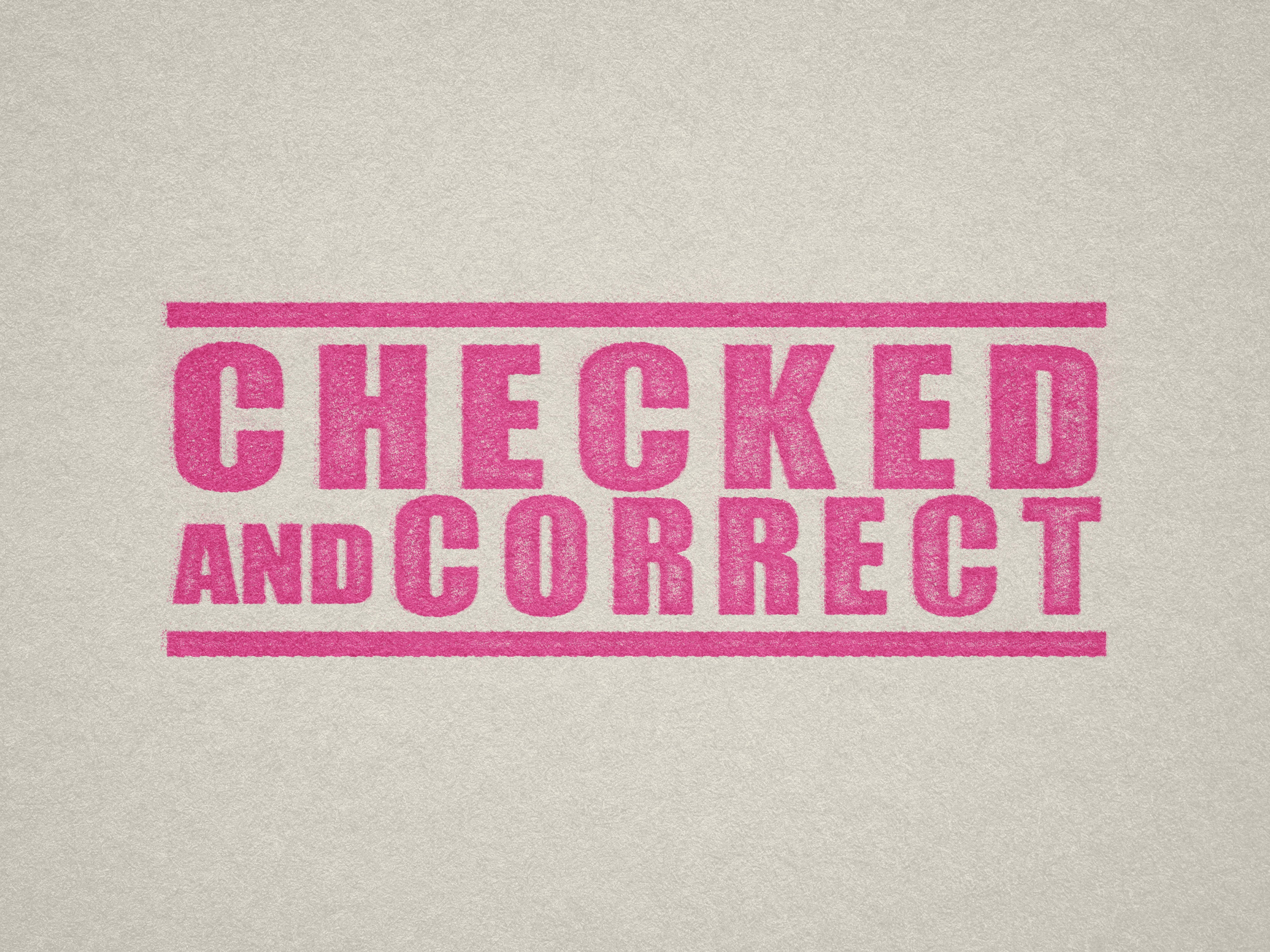 Pink Checked and Correct rubber stamp