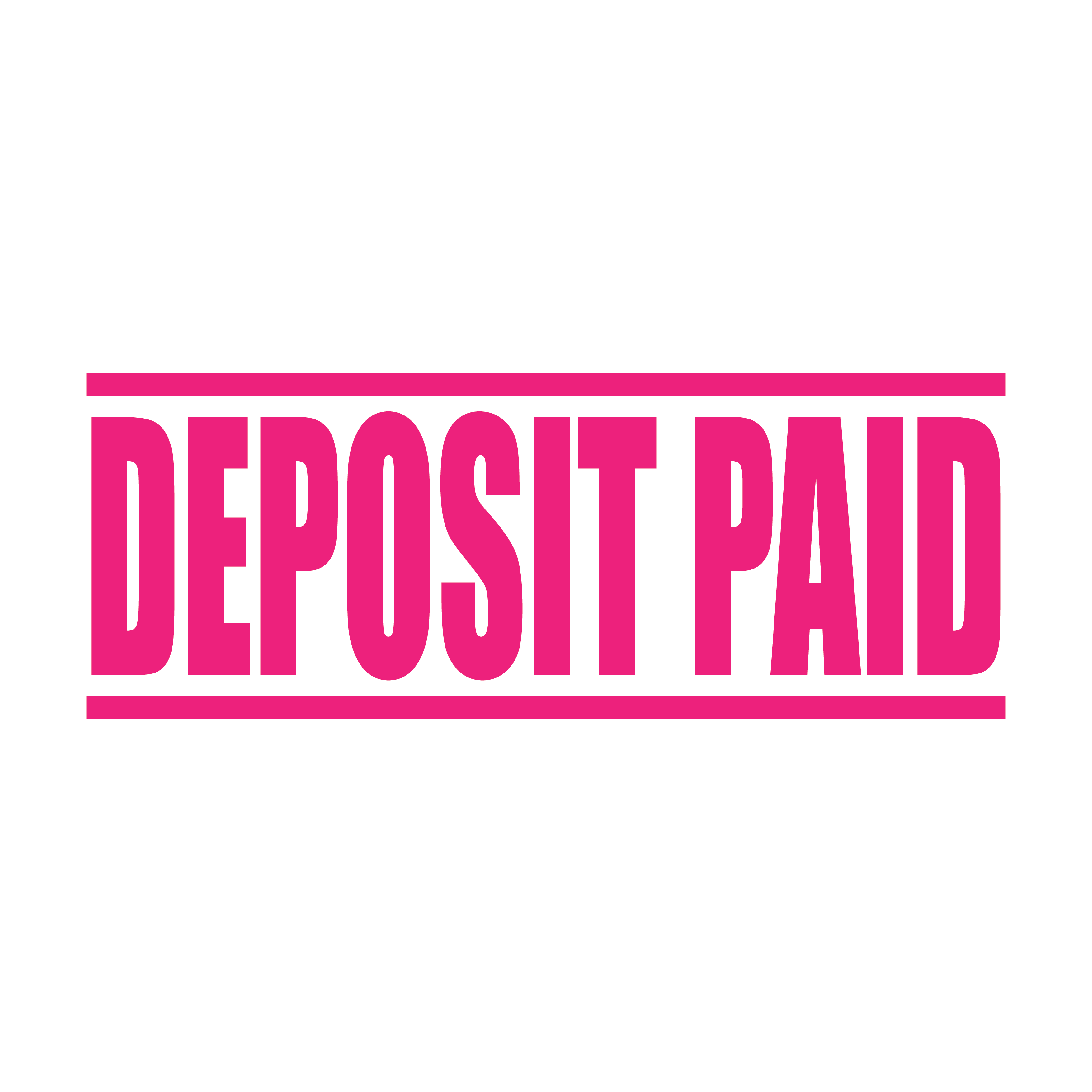 A pink self inking rubber stamp with the word 'Deposit Paid' printed in bold capital letters in pink ink. stampers hand stamp office business inventory documents self inking prefill refillable stamps stamping