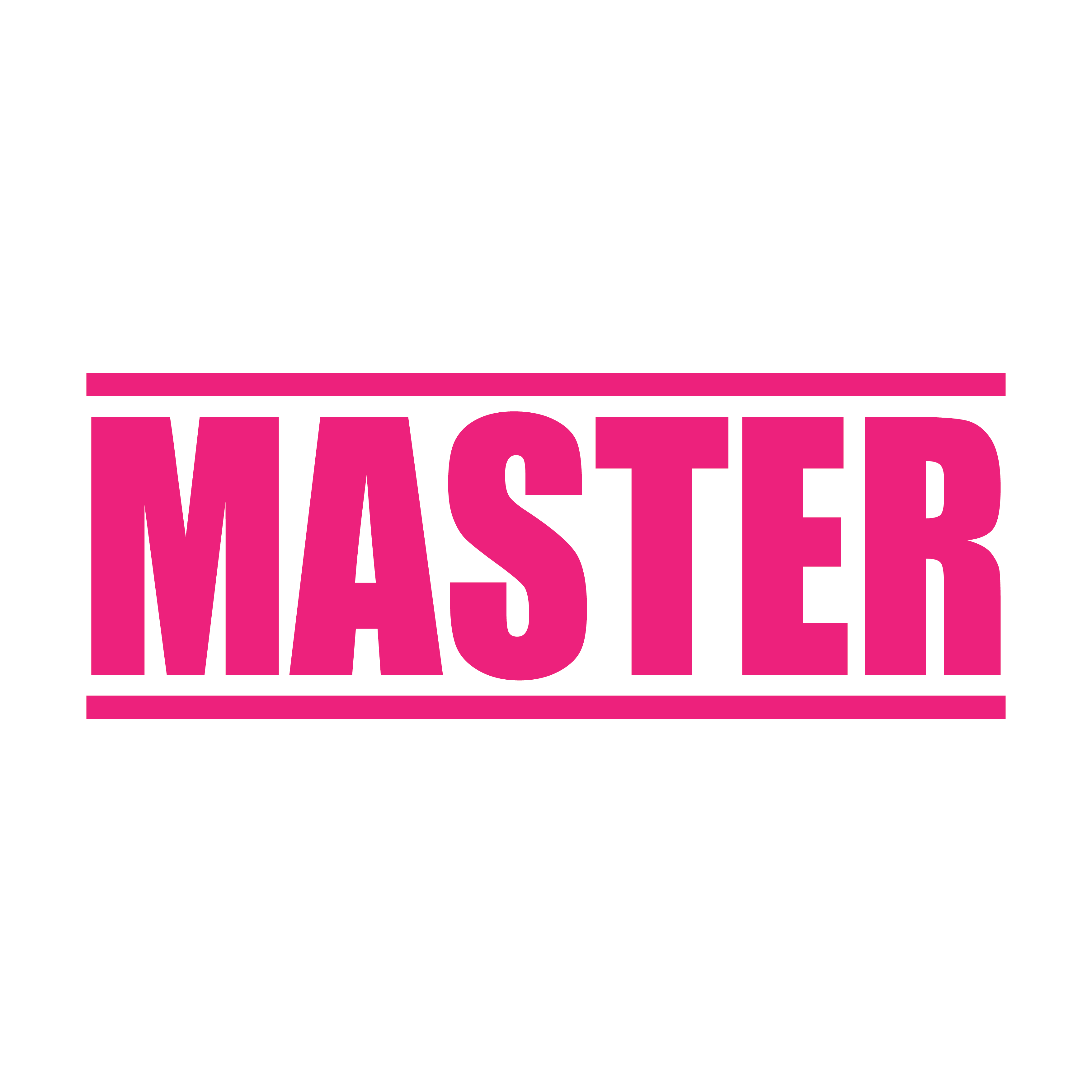 A pink self inking rubber stamp with the word 'MASTER' printed in bold capital letters in pink ink. stampers hand stamp office business inventory documents