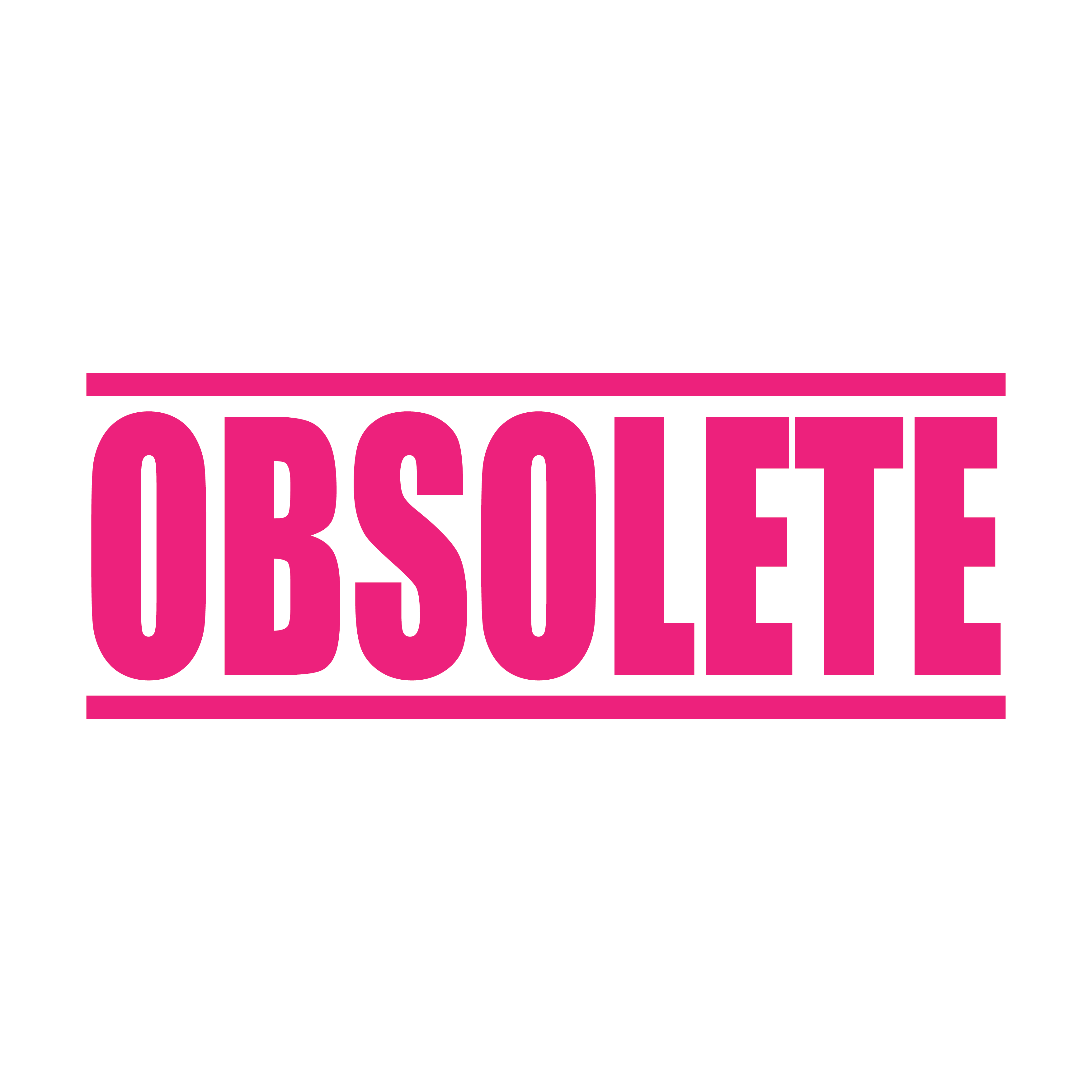 A pink self inking rubber stamp with the word 'Obsolete' printed in bold capital letters in pink ink. stampers hand stamp office business inventory documents