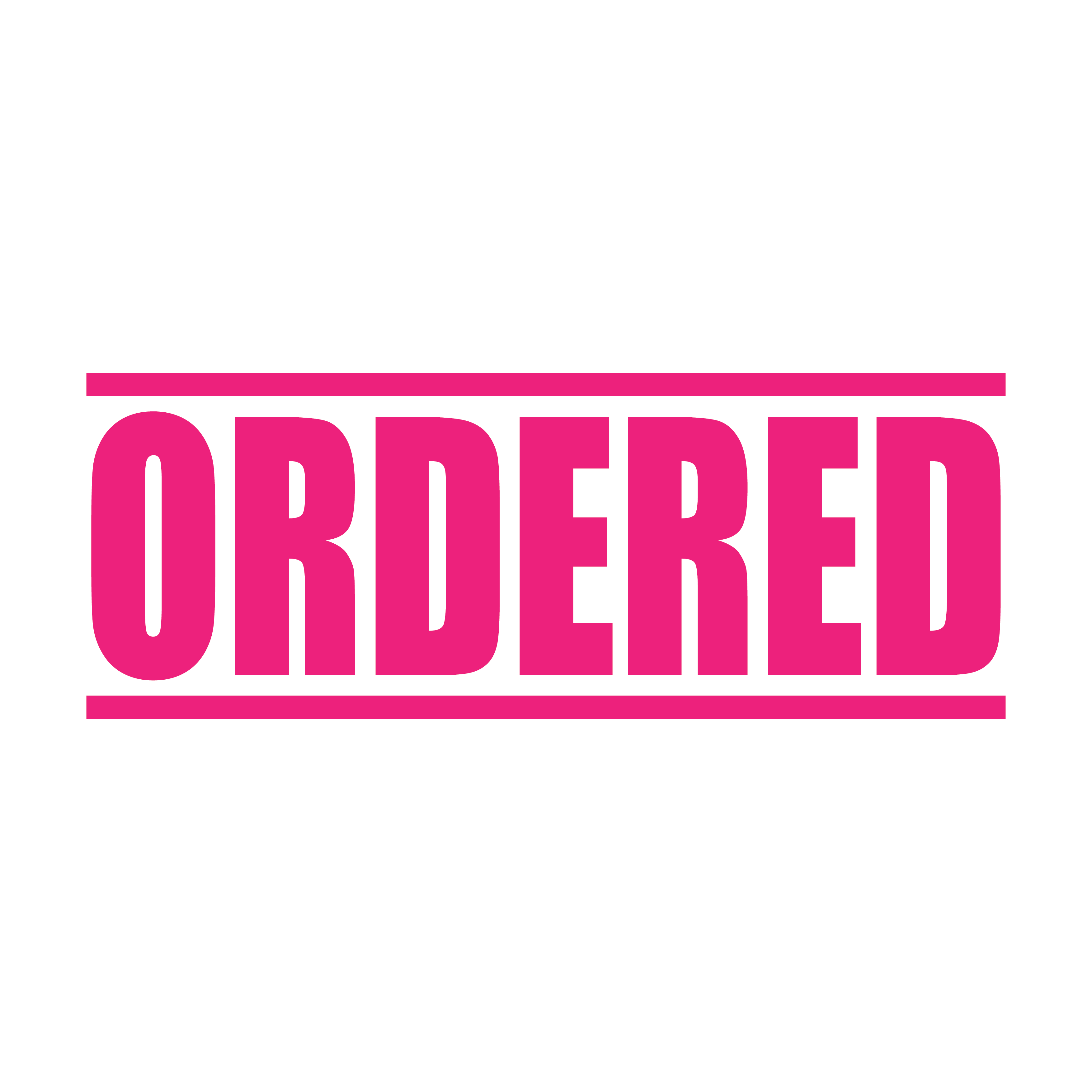 "A pink self inking rubber stamp with the word 'ORDERED' printed in bold capital letters in pink ink. stampers hand stamp office business inventory documents pink ink
"