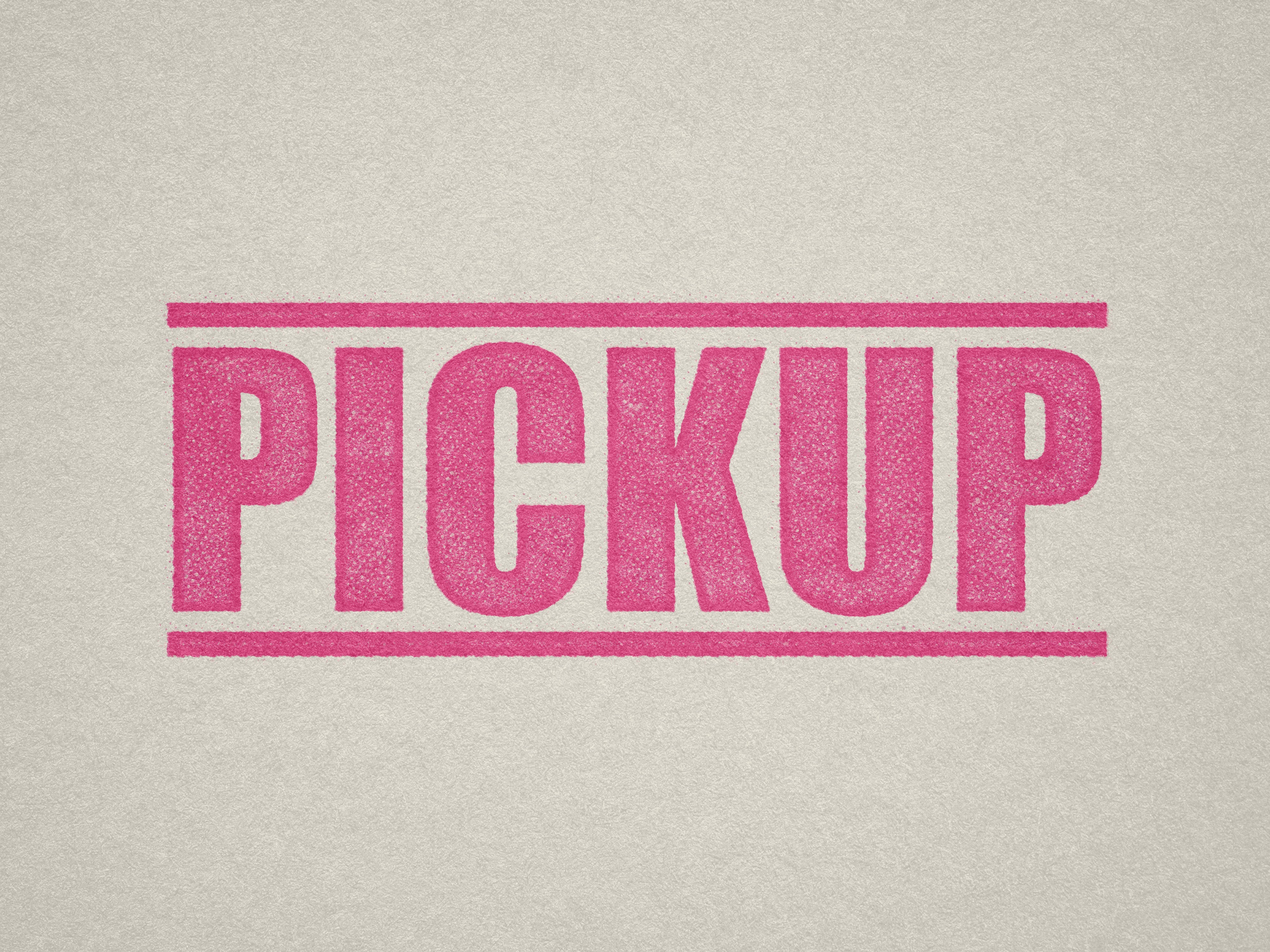 mock up design of 'Pickup" rubber stamp pink ink in paper background stampers hand stamp office business inventory documents pick up