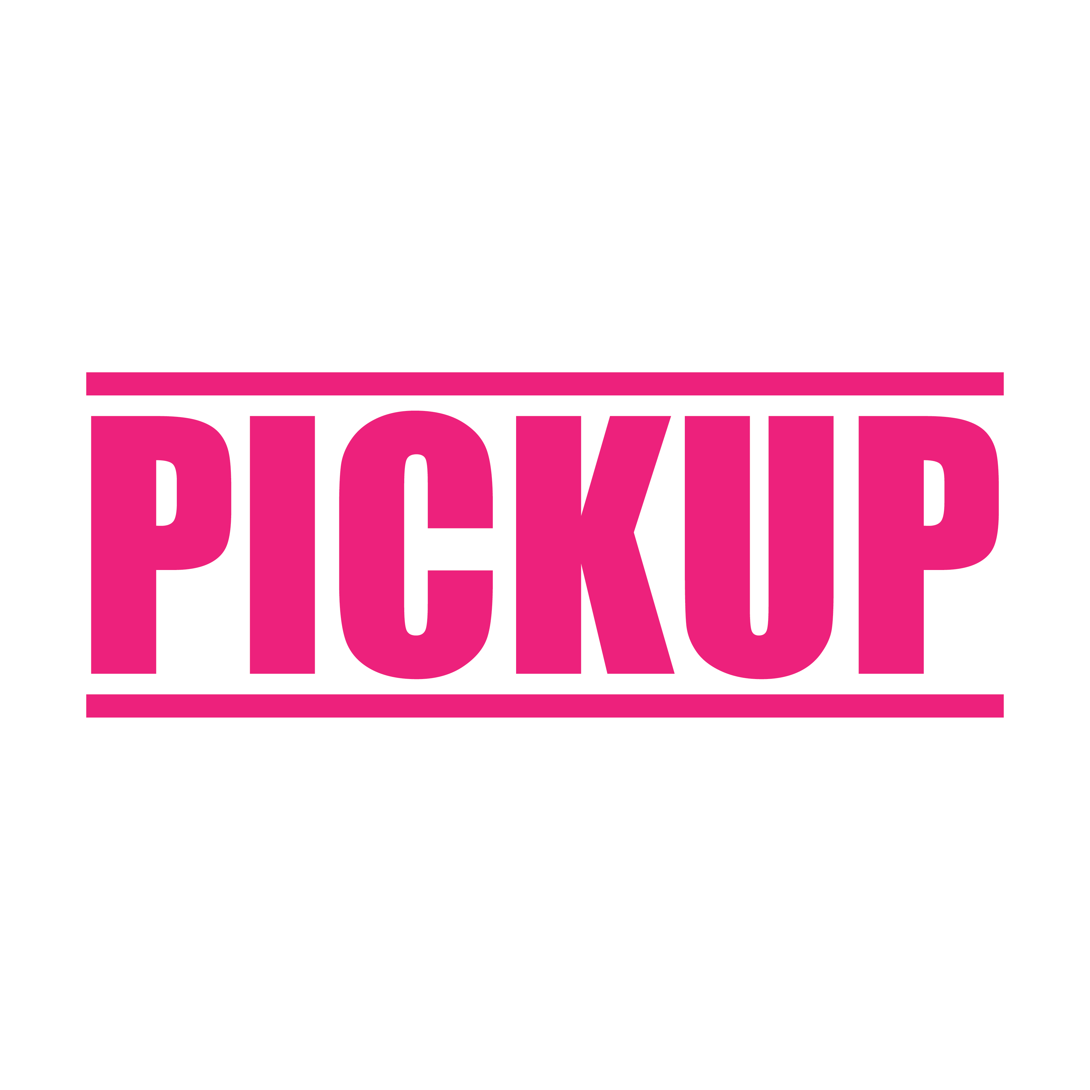 A pink self inking rubber stamp with the word 'Pickup' printed in bold capital letters in pink ink. stampers hand stamp office business inventory documents pick up