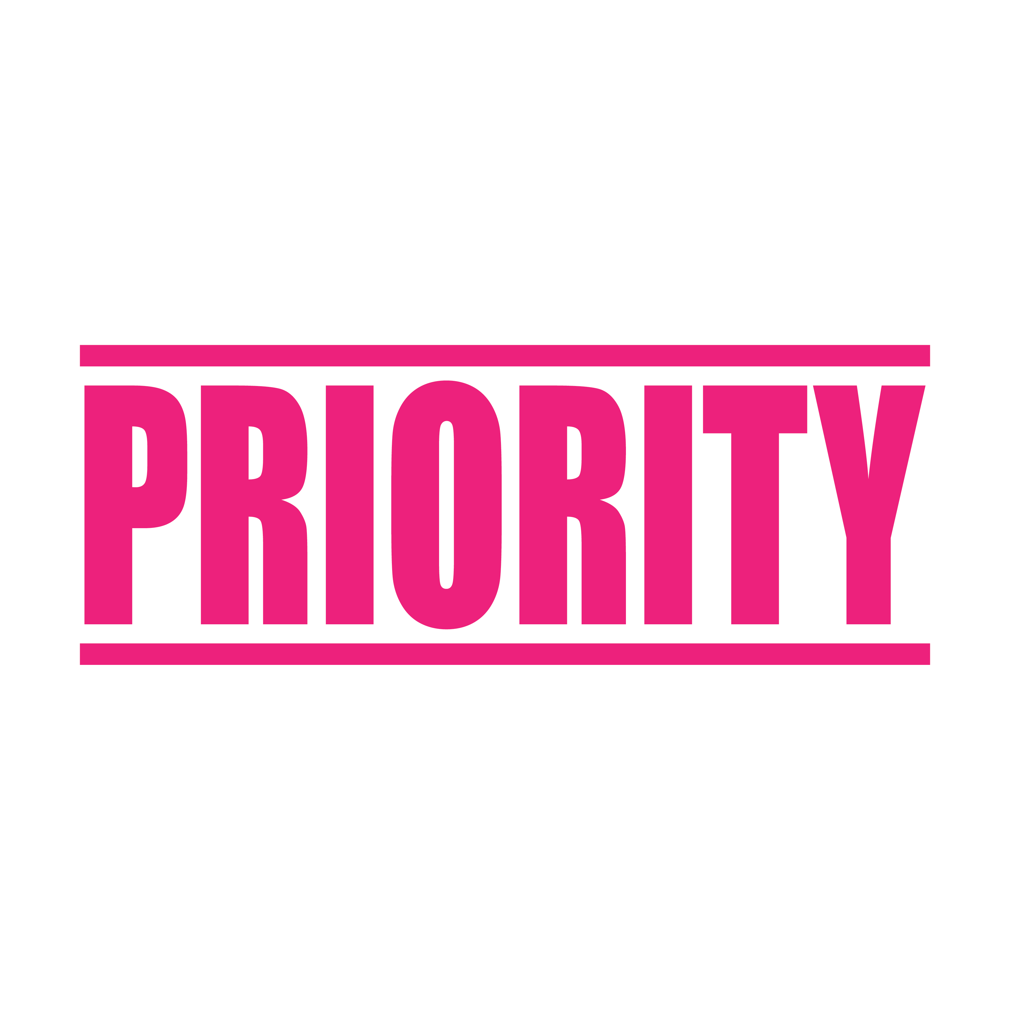 A pink self inking rubber stamp with the word 'Priority' printed in bold capital letters in pink ink. stampers hand stamp office business inventory documents self inking prefill refillable stamps stamping