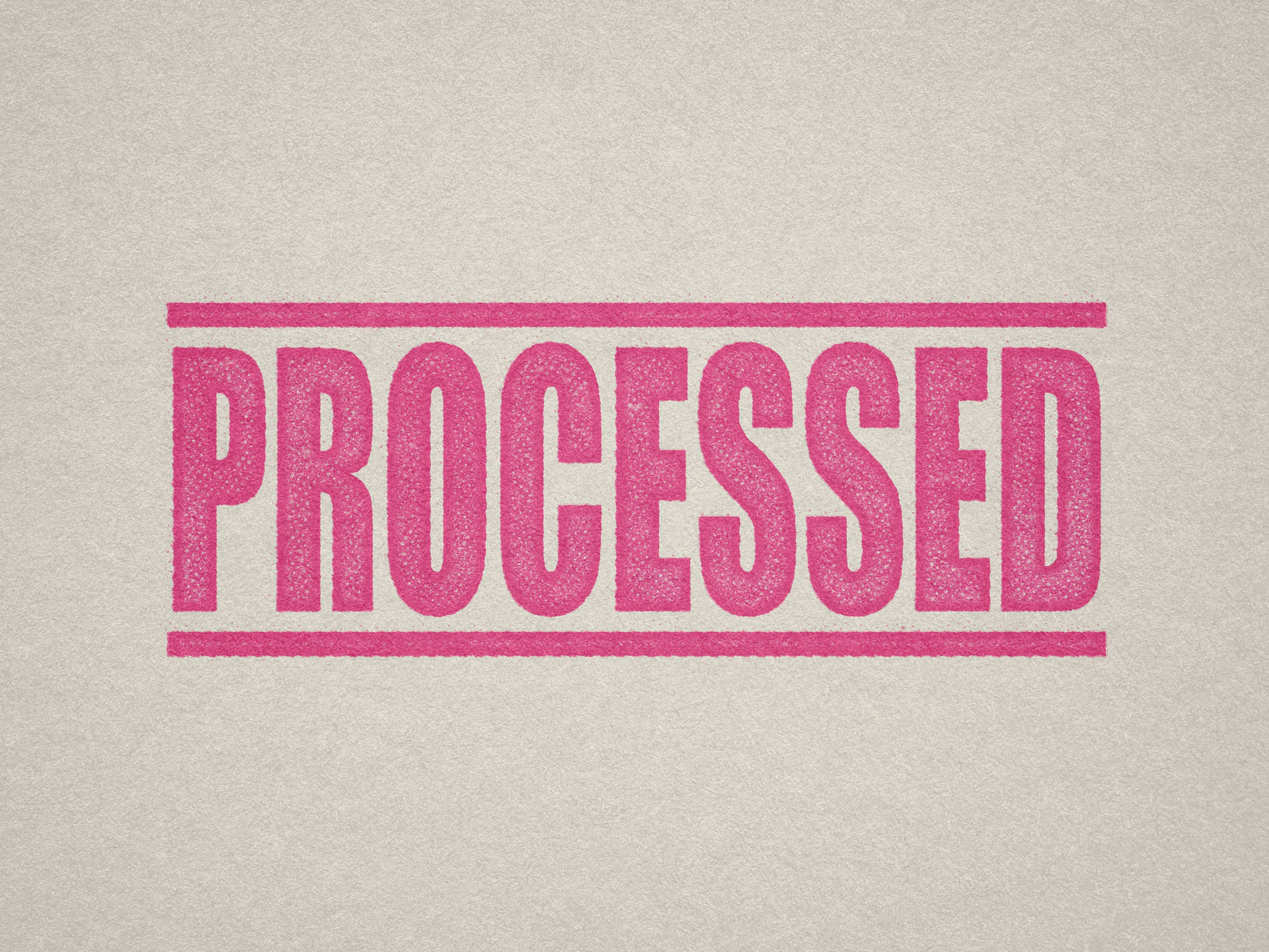 mock up design of 'Processed " rubber stamp pink ink in paper background stampers hand stamp office business inventory documents self inking prefill refillable stamps stamping