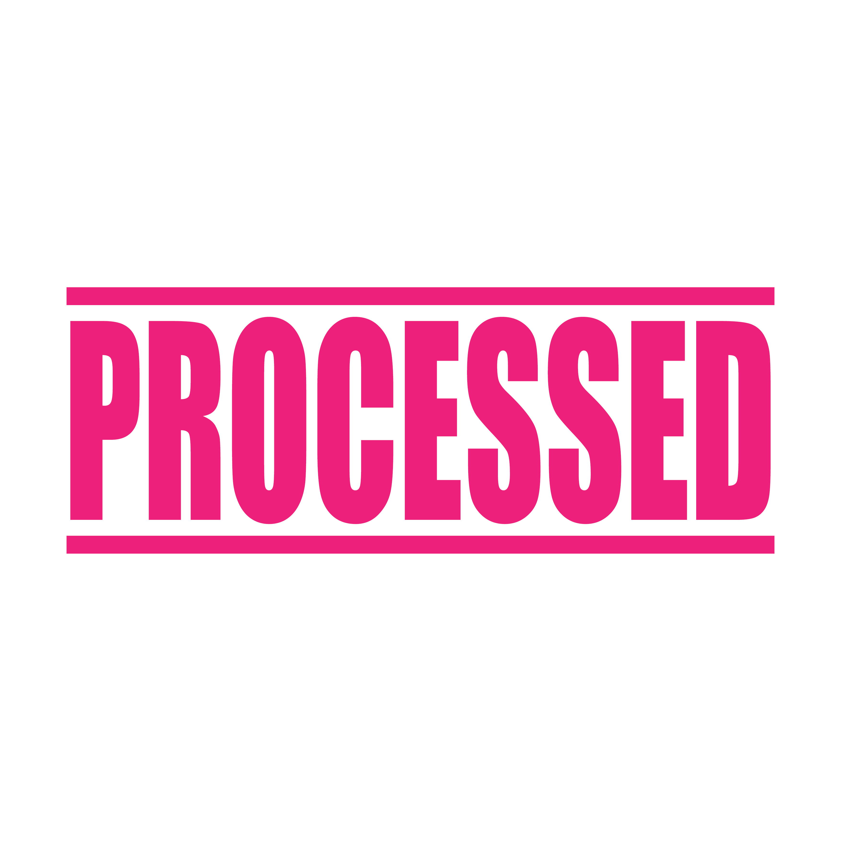 A pink self inking rubber stamp with the word 'Processed ' printed in bold capital letters in pink ink. stampers hand stamp office business inventory documents self inking prefill refillable stamps stamping