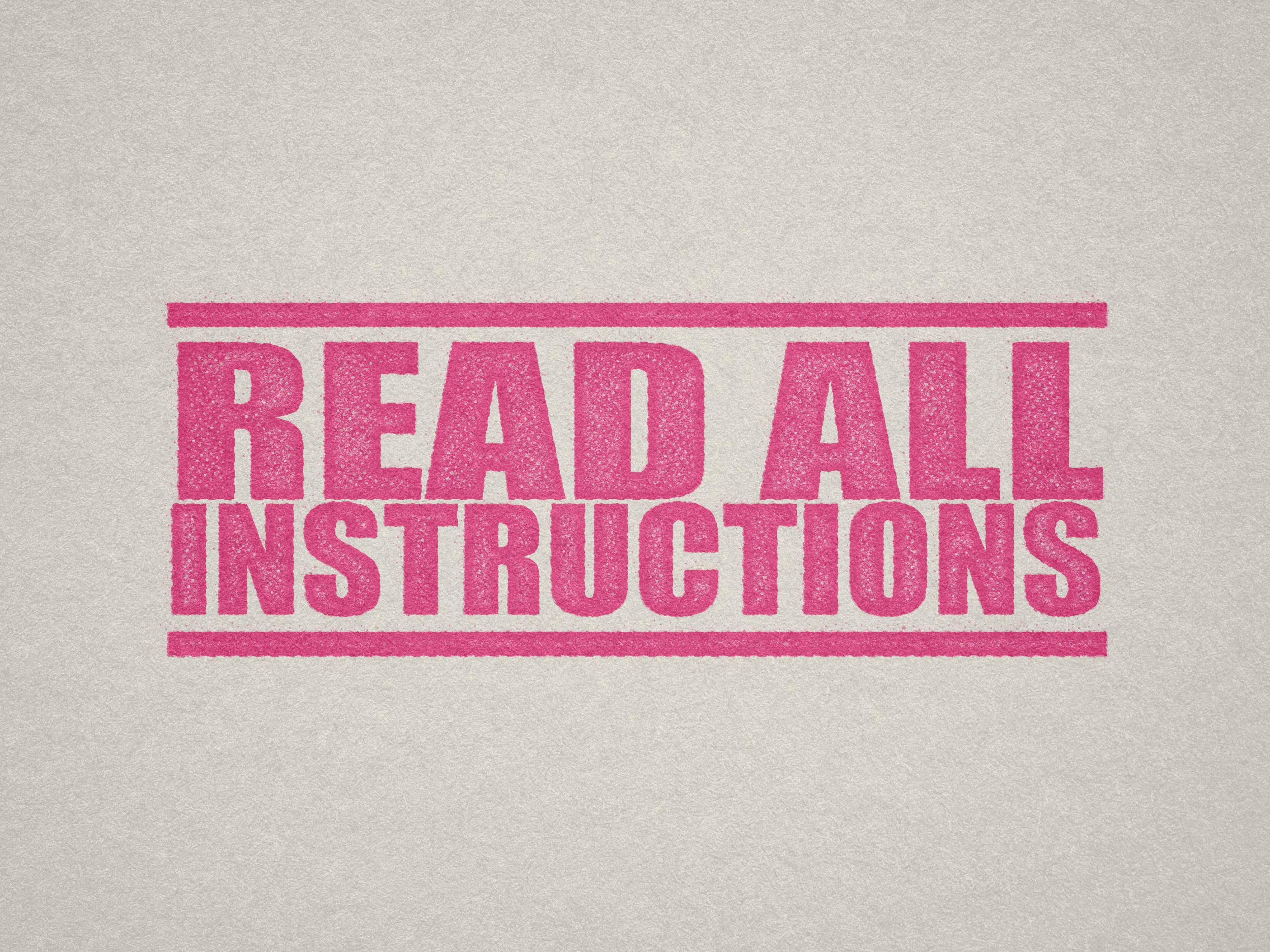 Pink 'READ ALL INSTRUCTIONS' rubber stamper