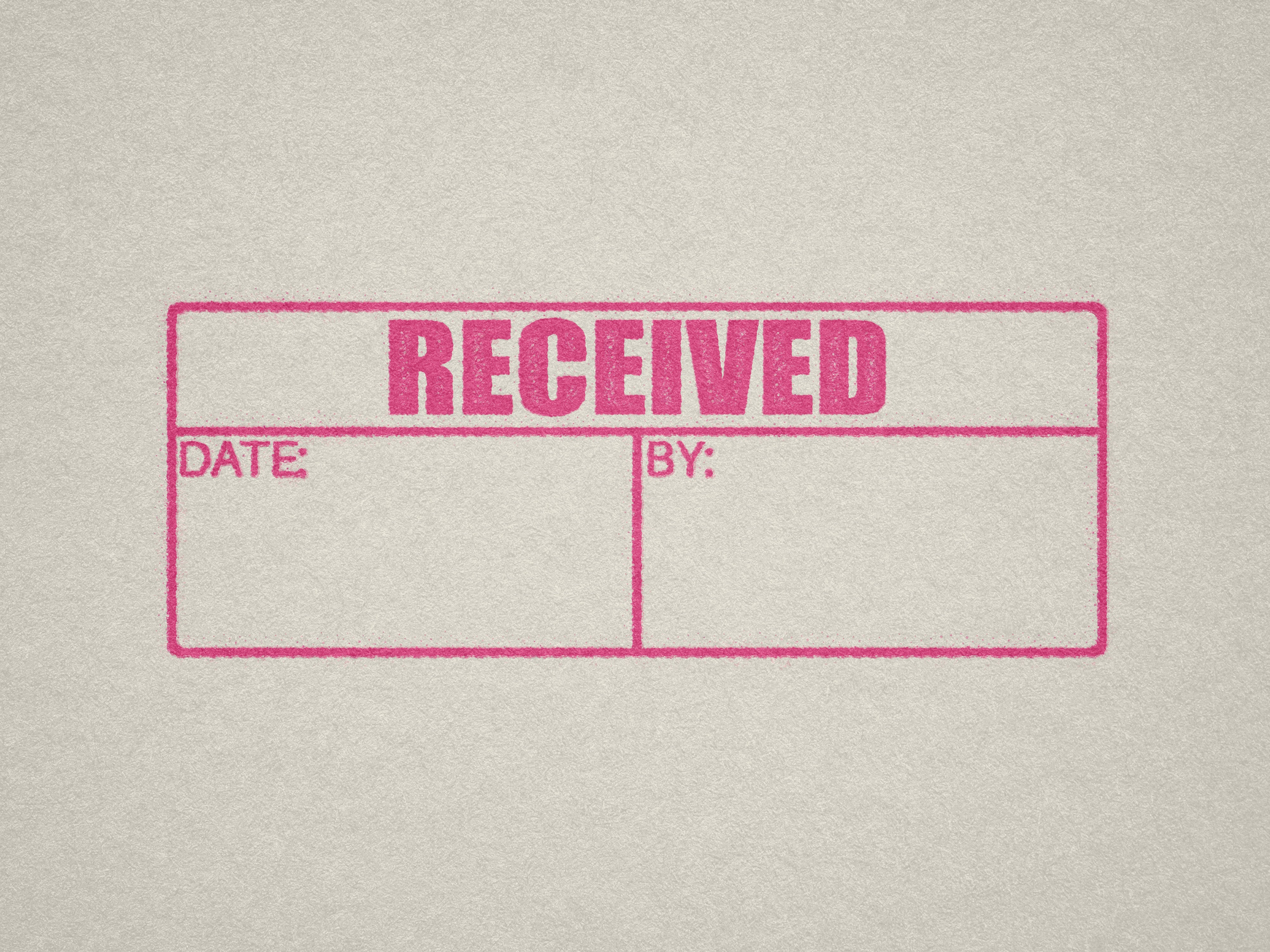 RECEIVED Date and By table stamp, in Pink ink