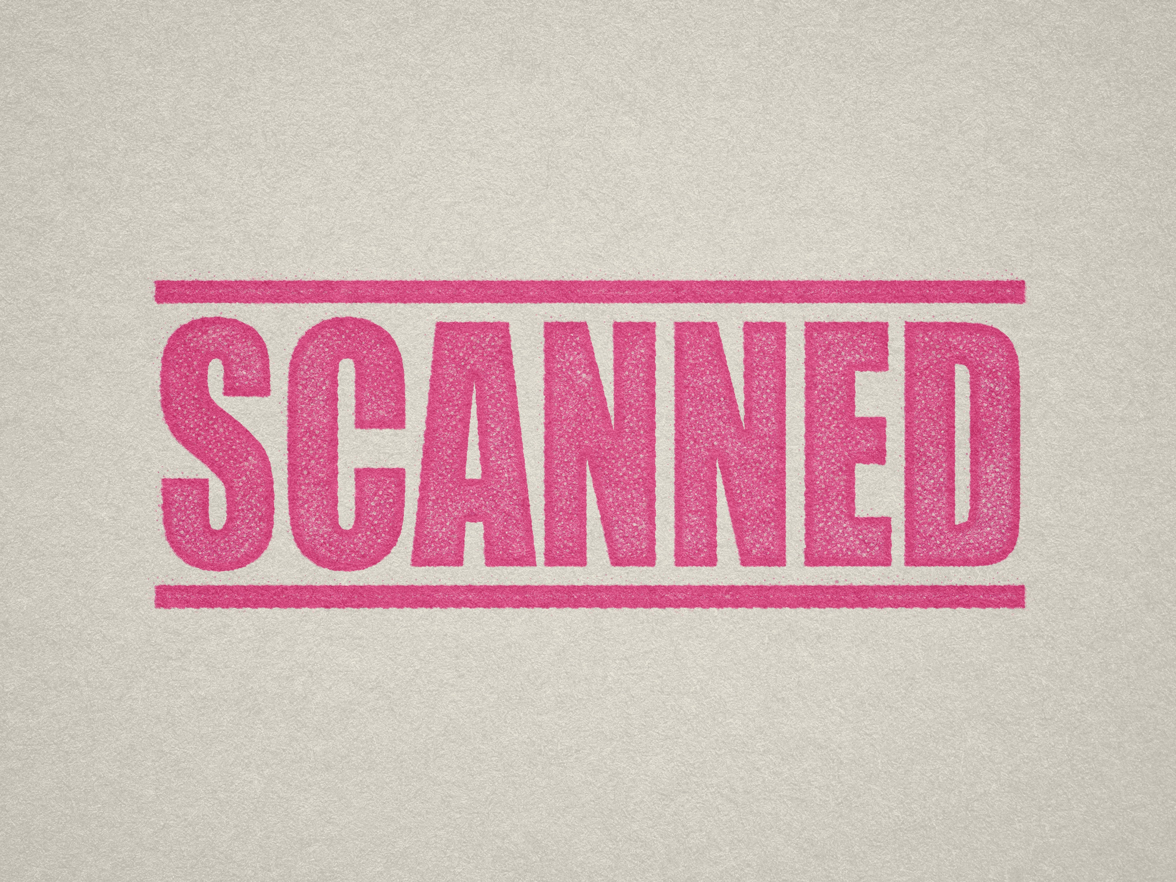 Mock up design or lifestyle image of 'SCANNED' rubber stamp pink ink in paper background stampers hand stamp office business inventory documents self inking prefill refillable stamps stamping