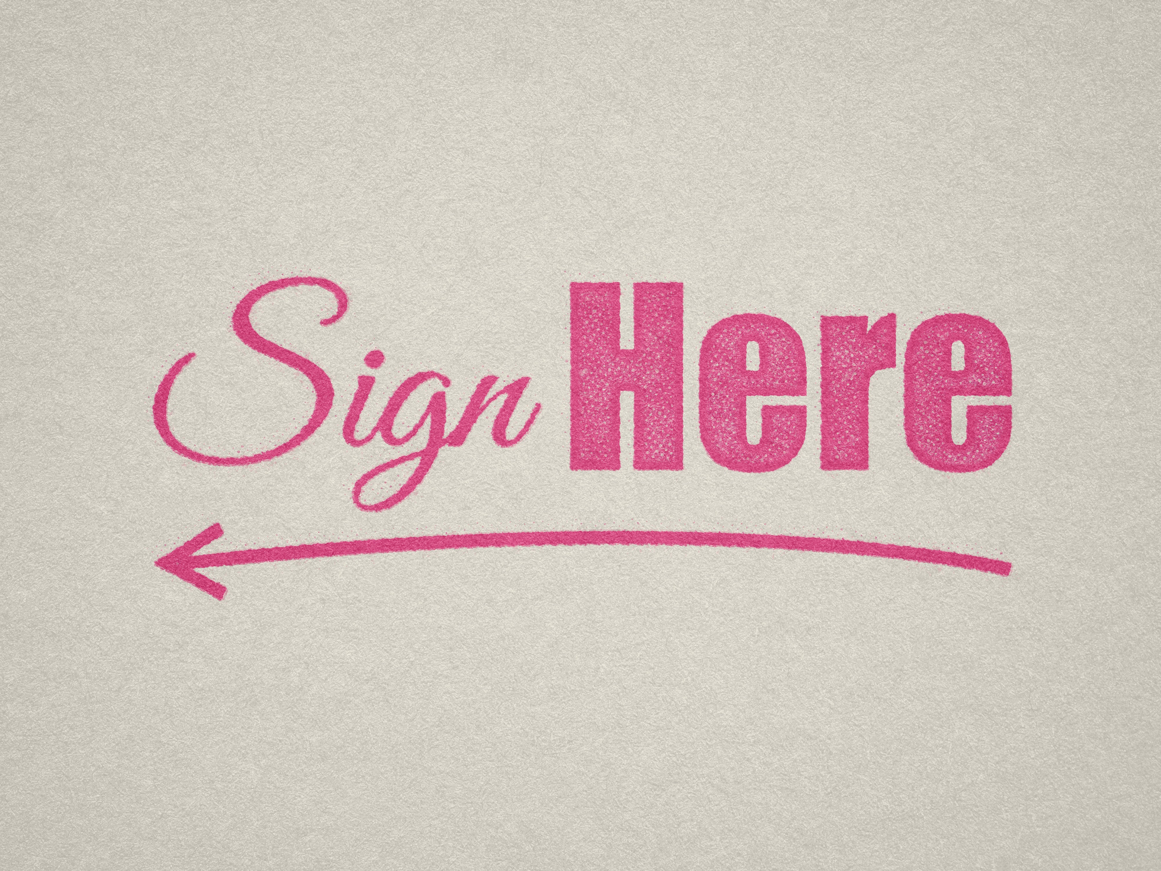 pre-designed stamp - Sign Here' with a left-pointing arrow pink ink