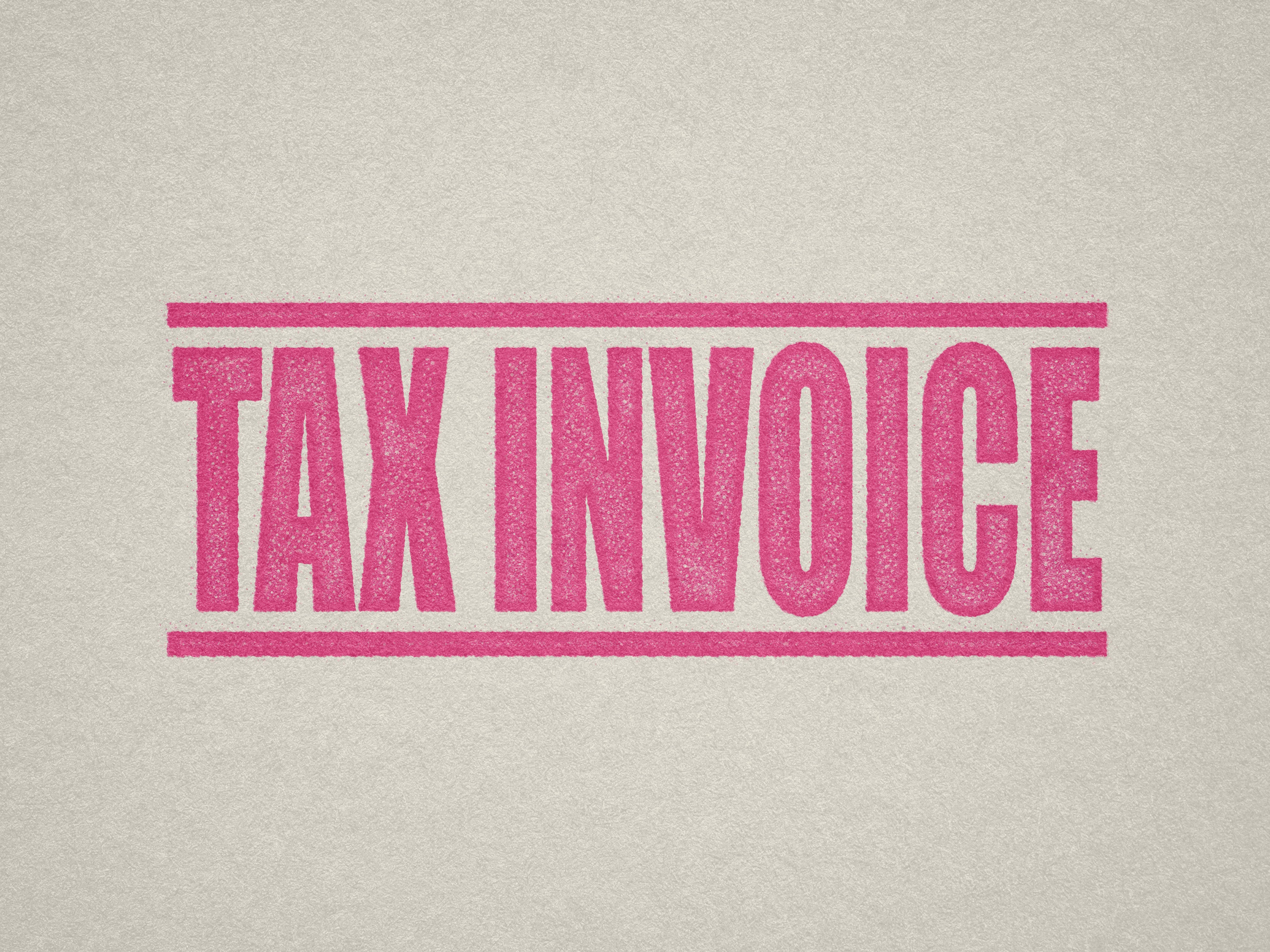 mock up design of 'Tax Invoice' rubber stamp pink ink in paper background stampers hand stamp office business inventory documents self inking prefill refillable stamps stamping