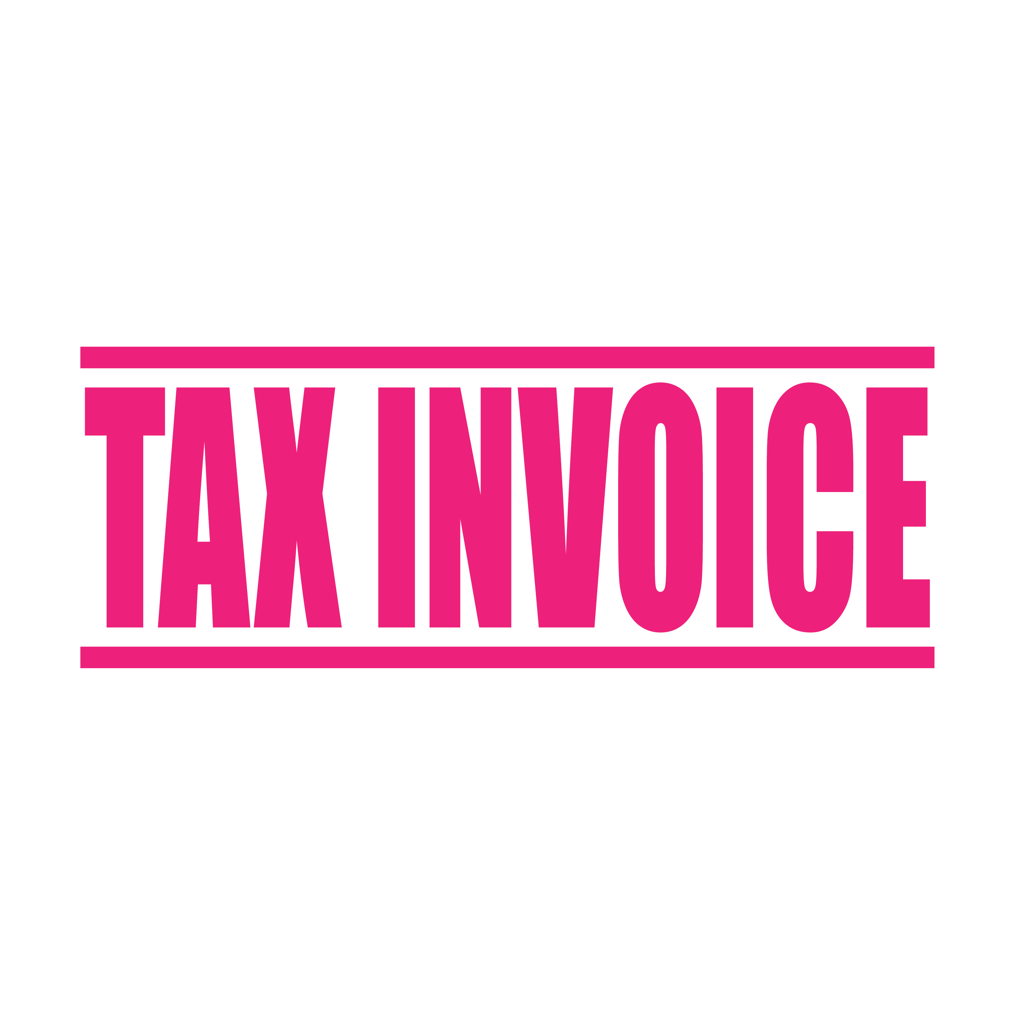 A pink self inking rubber stamp with the word 'Tax Invoice' printed in bold capital letters in pink ink. stampers hand stamp office business inventory documents self inking prefill refillable stamps stamping