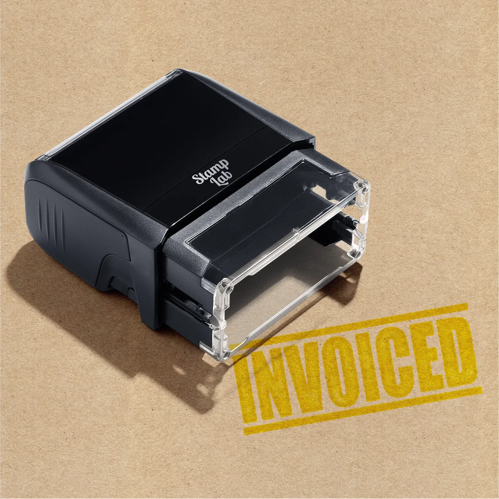 mock up design or lifestyle image of INVOICED rubber stamp yellow ink in paper background stampers hand stamp office business inventory documents