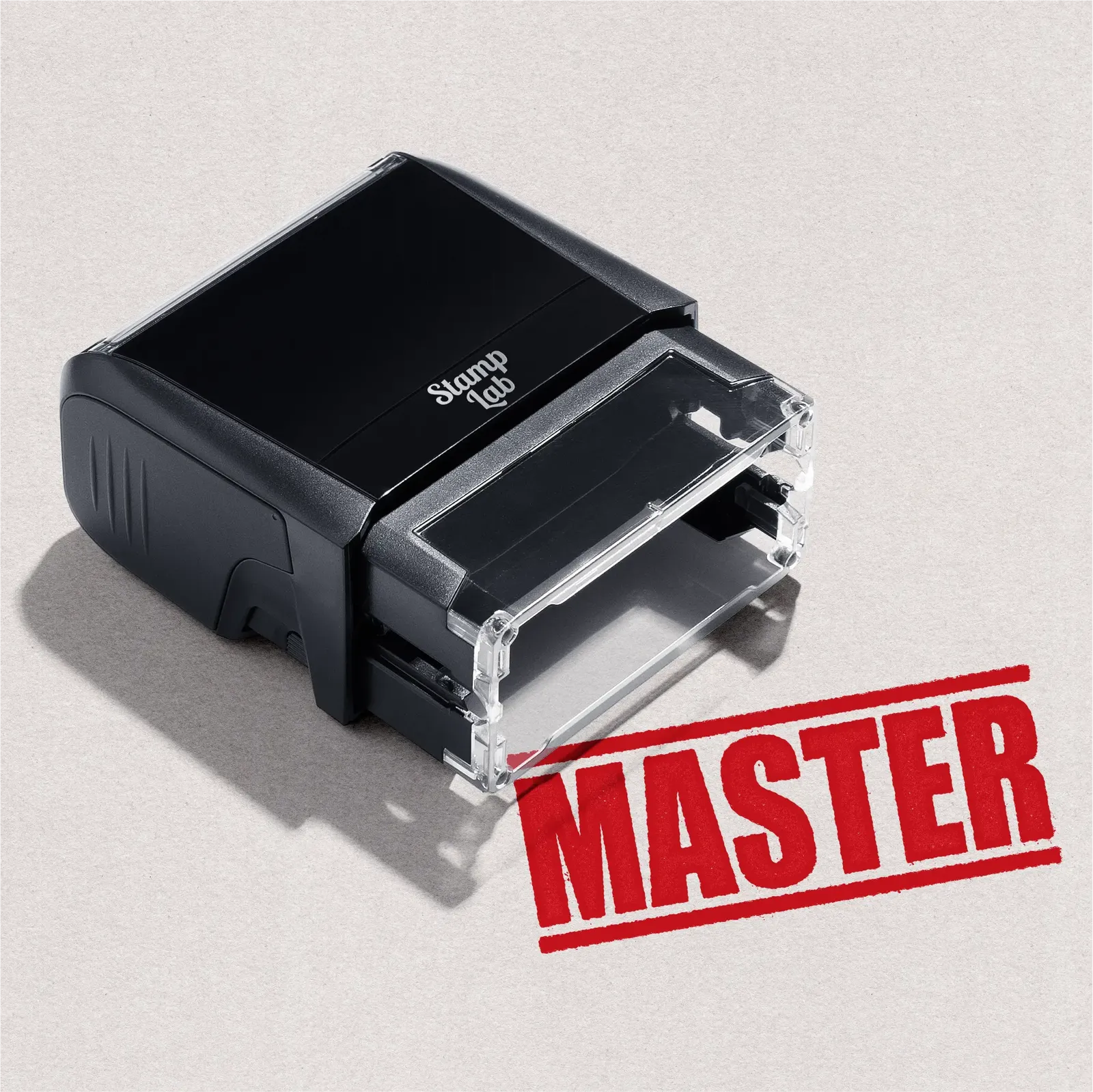 Mock up design or lifestyle image of 'MASTER' rubber stamp red ink in paper background stampers hand stamp office business inventory documents
