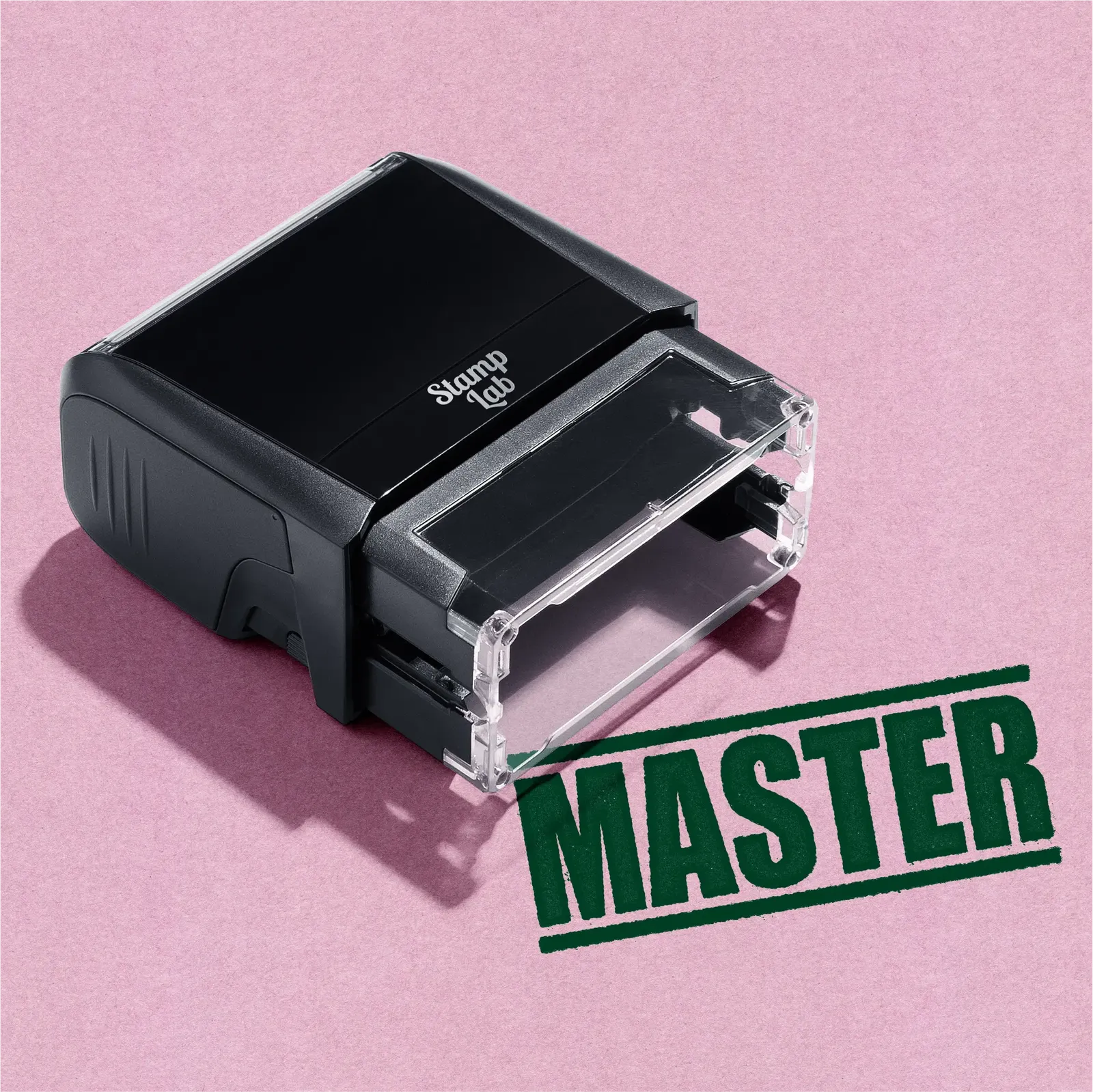 Mock up design or lifestyle image of 'MASTER' rubber stamp green ink in paper background stampers hand stamp office business inventory documents