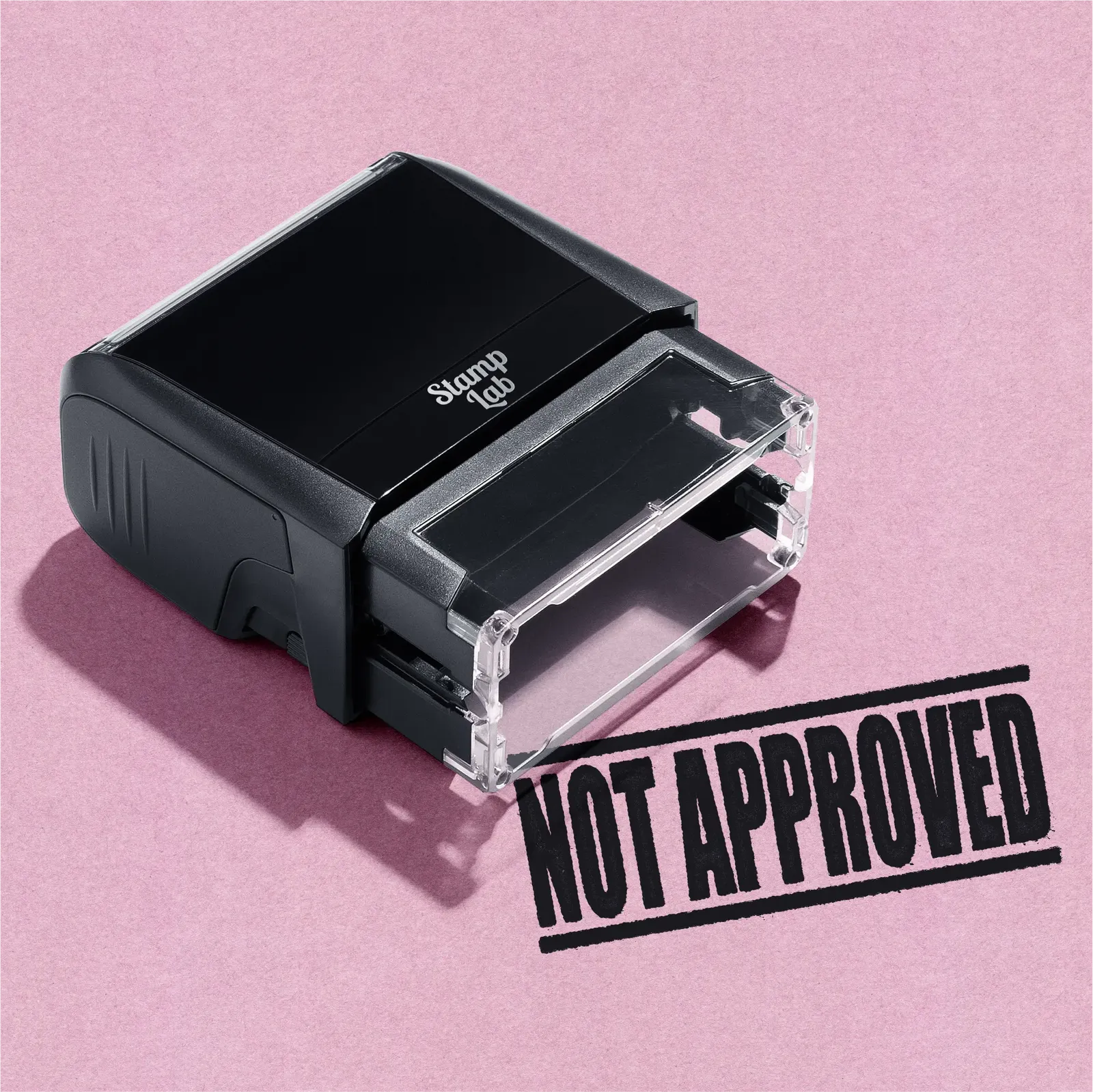 mock up design or lifestyle image of 'Not Approved' rubber stamp black ink in paper background stampers hand stamp office business inventory documents self inking prefill refillable stamps stamping