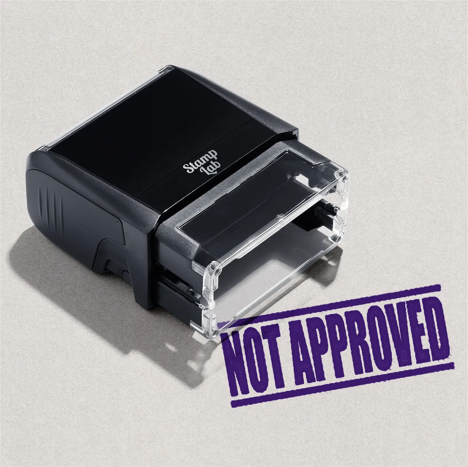 mock up design or lifestyle image of 'Not Approved' rubber stamp violet ink in paper background stampers hand stamp office business inventory documents self inking prefill refillable stamps stamping