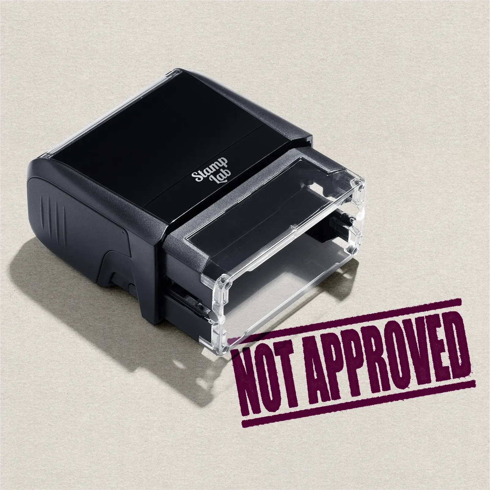 mock up design or lifestyle image of 'Not Approved' rubber stamp maroon ink in paper background stampers hand stamp office business inventory documents self inking prefill refillable stamps stamping