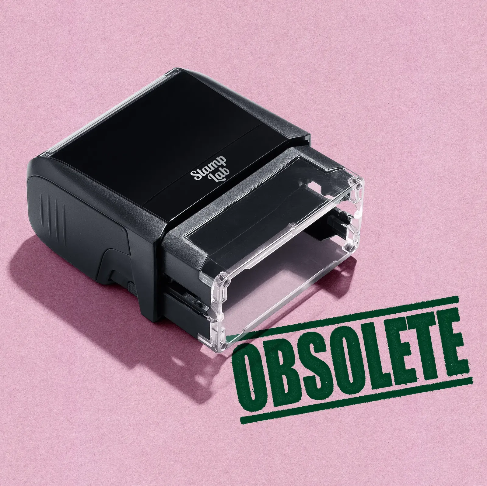 mock up design or lifestyle image of 'Obsolete' rubber stamp green ink in paper background stampers hand stamp office business inventory documents