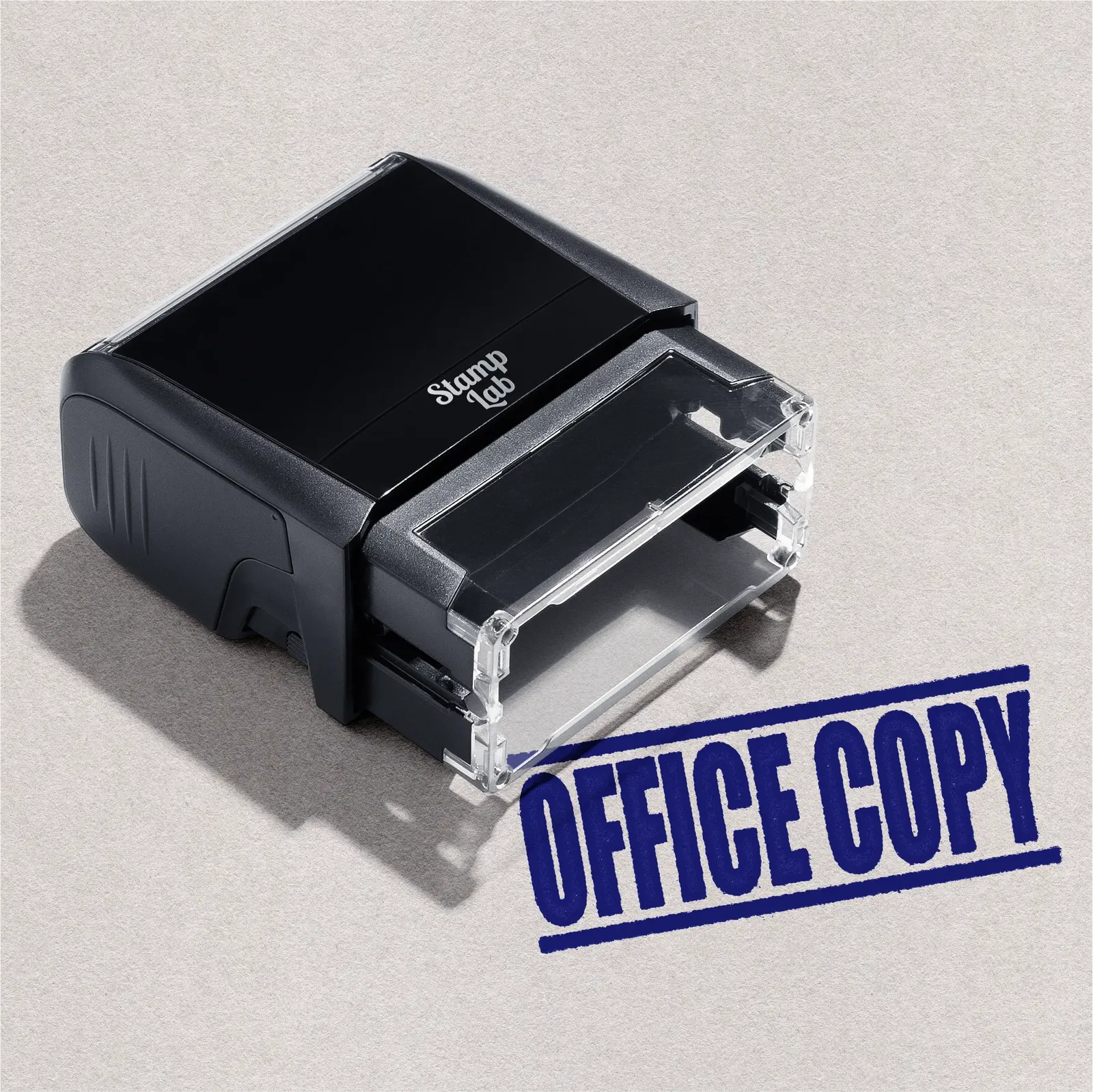 mock up design or lifestyle image of 'Office Copy' rubber stamp blue ink in paper background stampers hand stamp office business inventory documents self inking prefill refillable stamps stamping