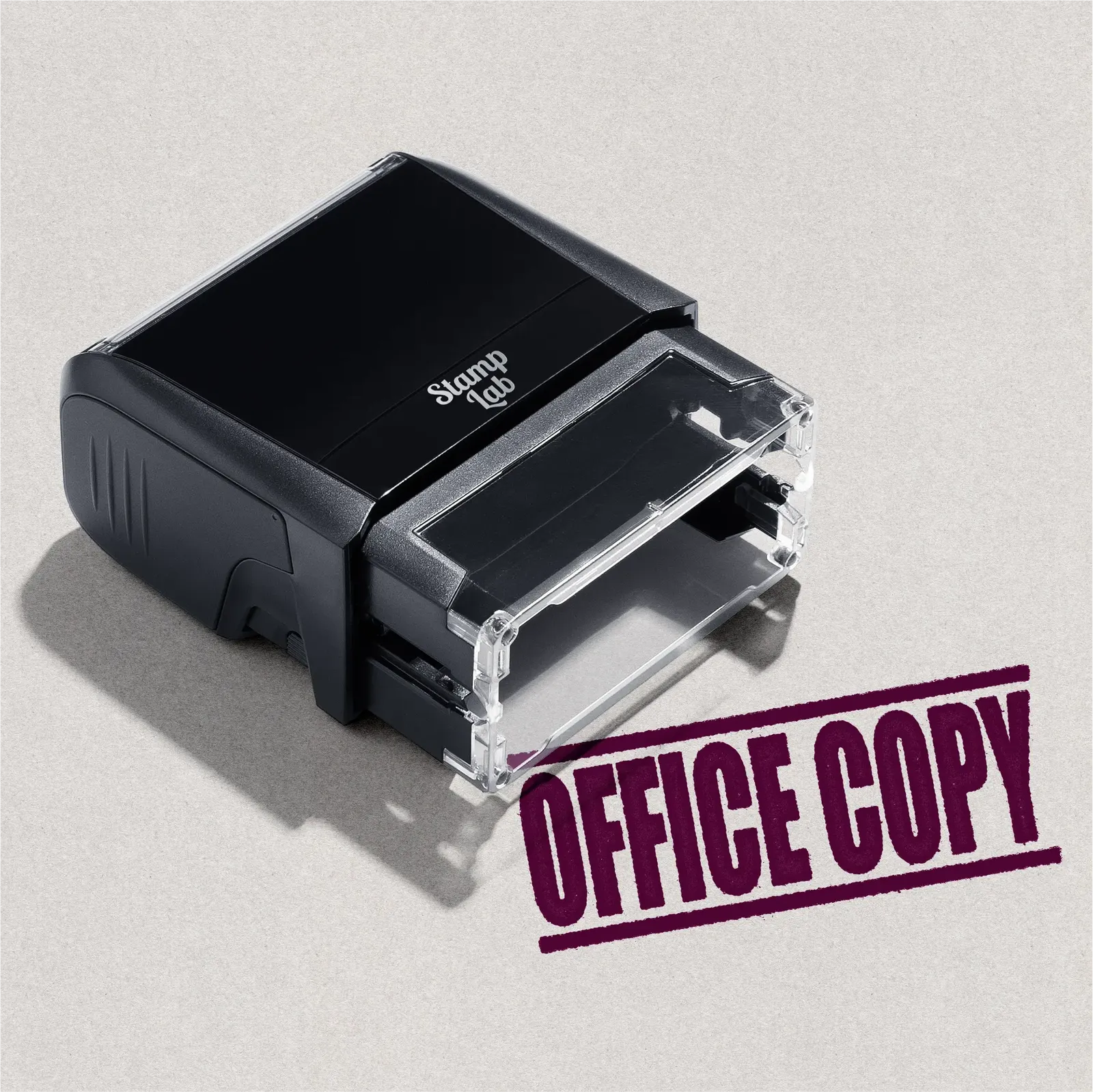 mock up design or lifestyle image of 'Office Copy' rubber stamp maroon ink in paper background stampers hand stamp office business inventory documents self inking prefill refillable stamps stamping