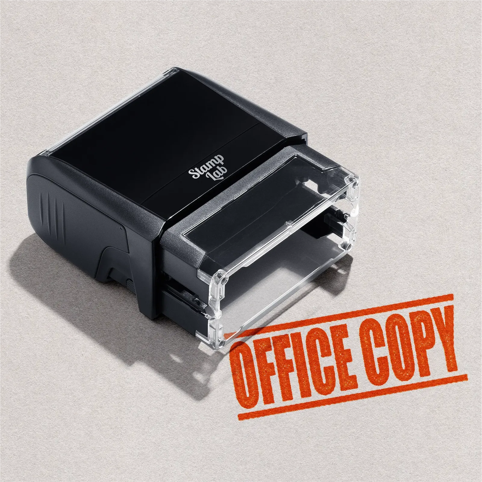 mock up design or lifestyle image of 'Office Copy' rubber stamp orange ink in paper background stampers hand stamp office business inventory documents self inking prefill refillable stamps stamping