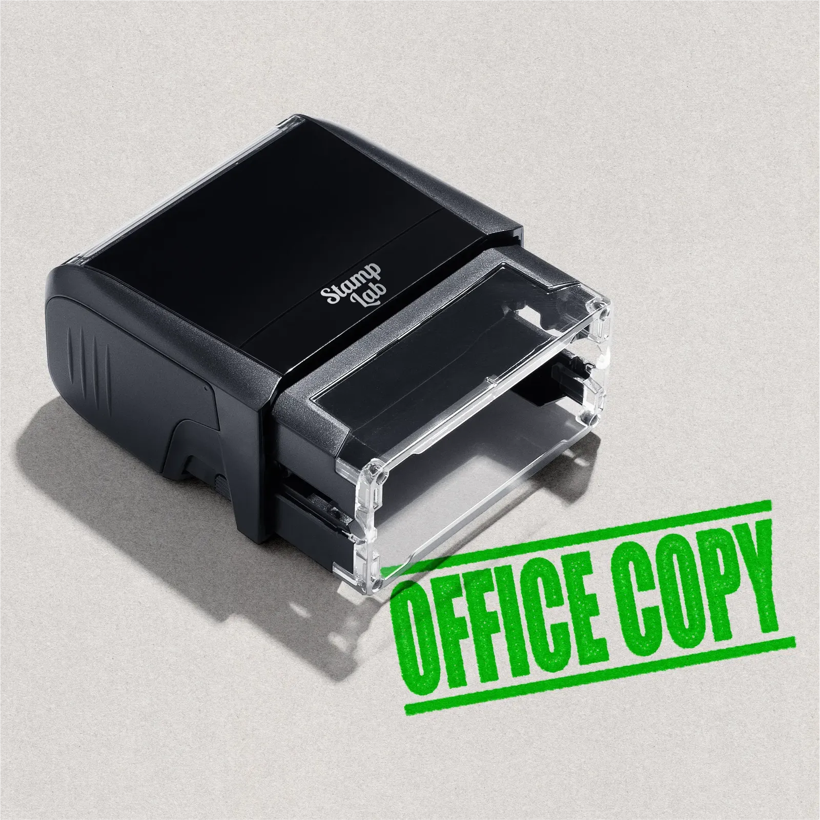 mock up design or lifestyle image of 'Office Copy' rubber stamp apple green ink in paper background stampers hand stamp office business inventory documents self inking prefill refillable stamps stamping