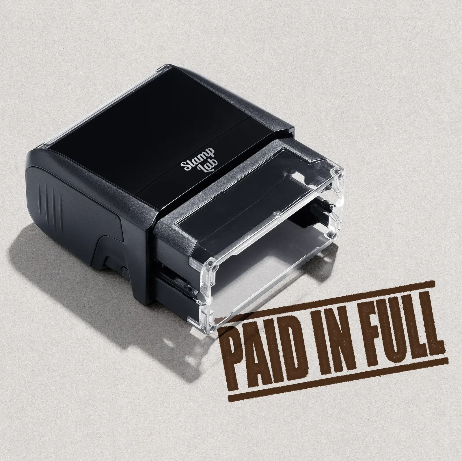 mock up design or lifestyle image of 'Paid In Full' rubber stamp brown ink in paper background stampers hand stamp office business inventory documents