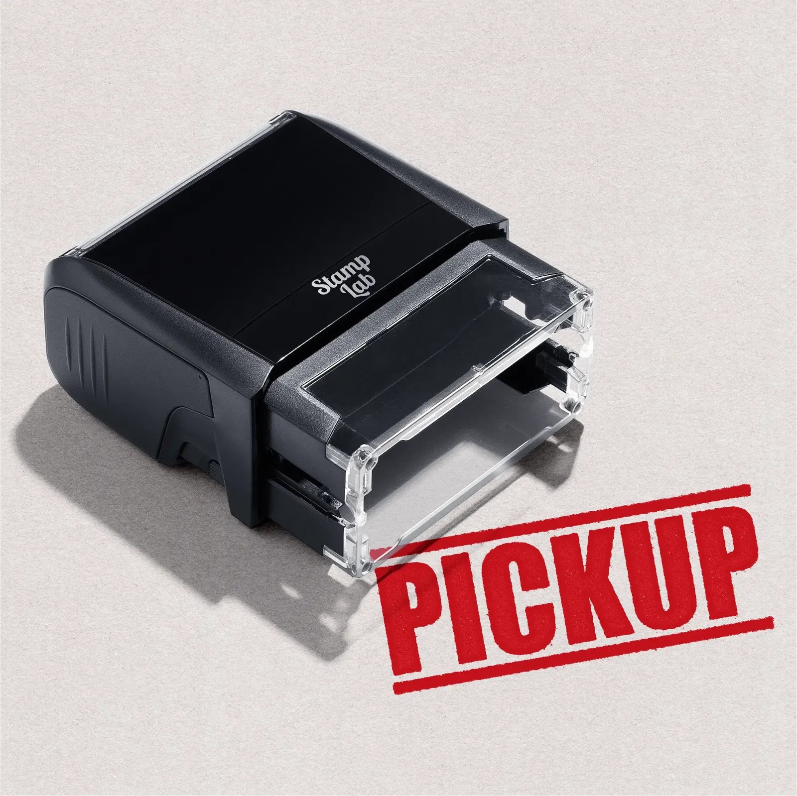 mock up design or lifestyle image of 'Pickup' rubber stamp red ink in paper background stampers hand stamp office business inventory documents pick up