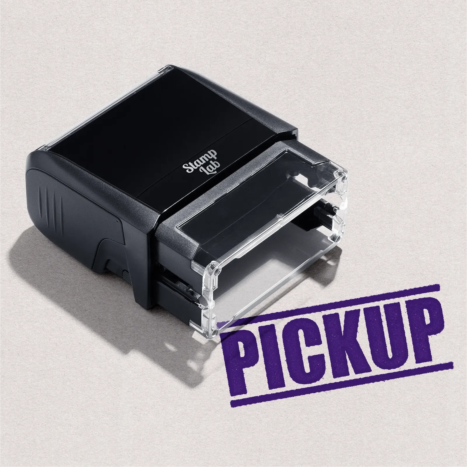 mock up design or lifestyle image of 'Pickup' rubber stamp violet ink in paper background stampers hand stamp office business inventory documents pick up purple
