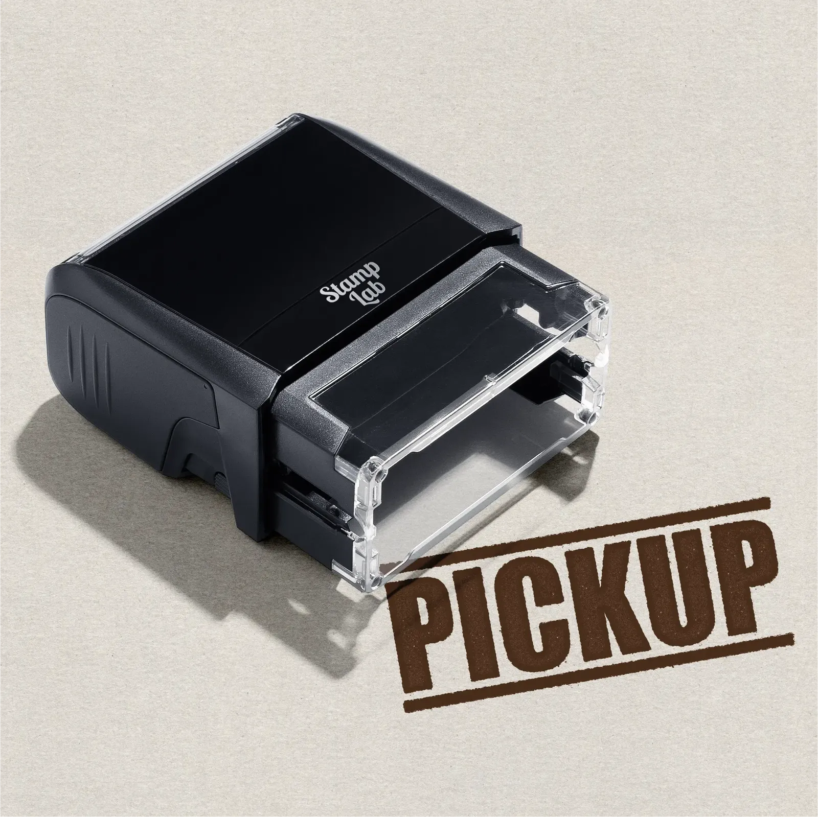 mock up design or lifestyle image of 'Pickup' rubber stamp brown ink in paper background stampers hand stamp office business inventory documents pick up