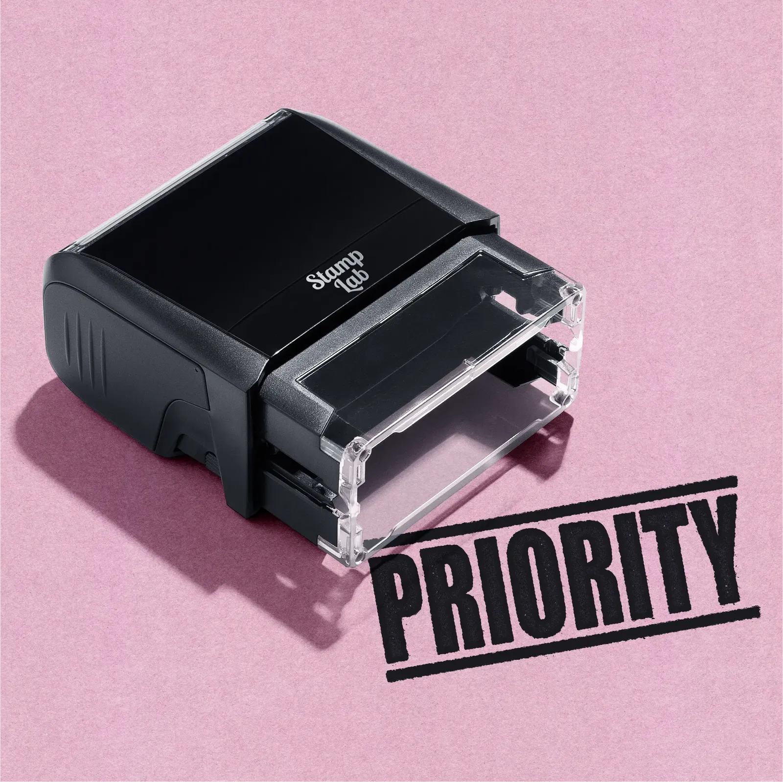 mock up design or lifestyle image of 'Priority' rubber stamp black ink in paper background stampers hand stamp office business inventory documents self inking prefill refillable stamps stamping