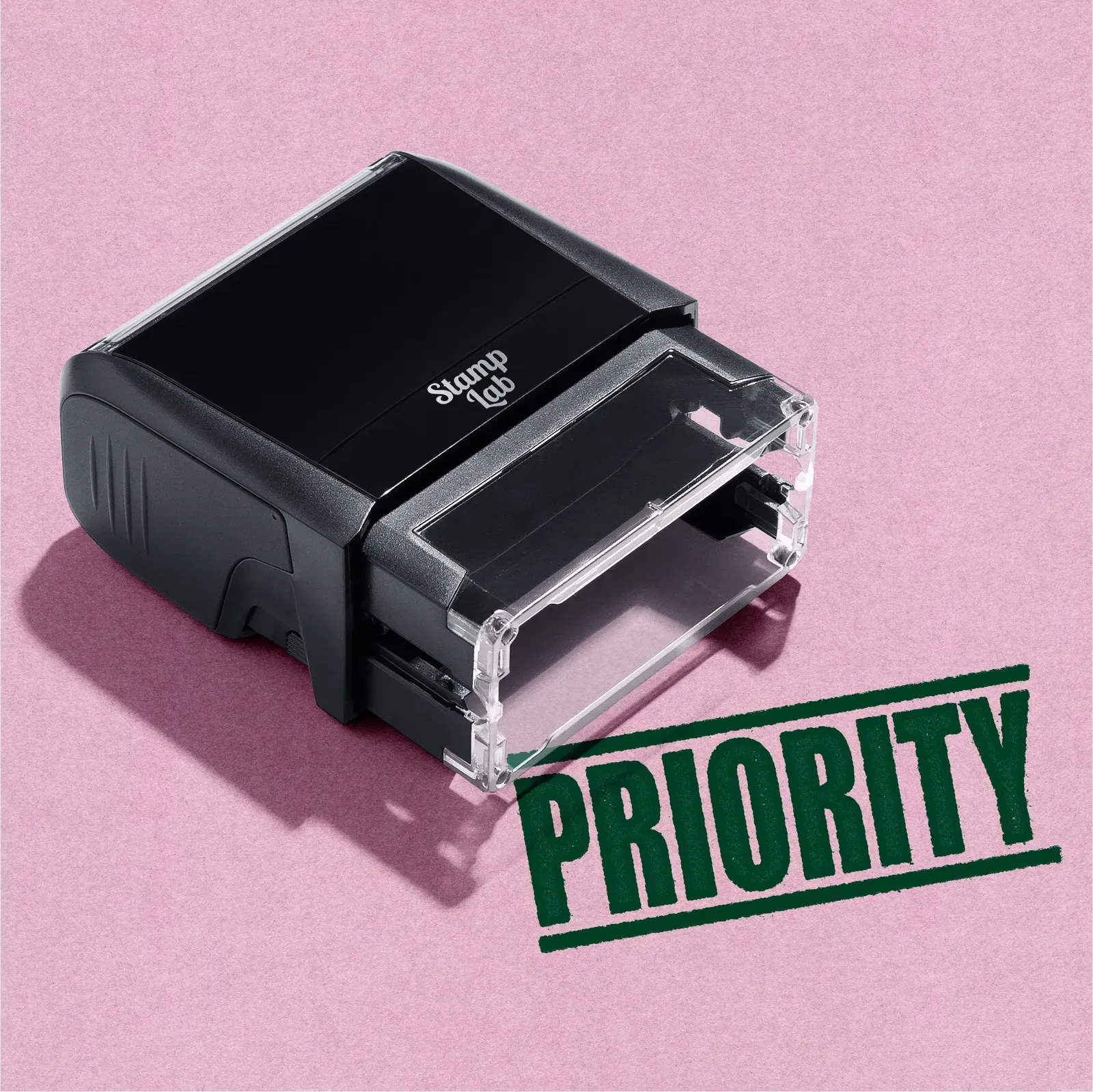mock up design or lifestyle image of 'Priority' rubber stamp green ink in paper background stampers hand stamp office business inventory documents self inking prefill refillable stamps stamping