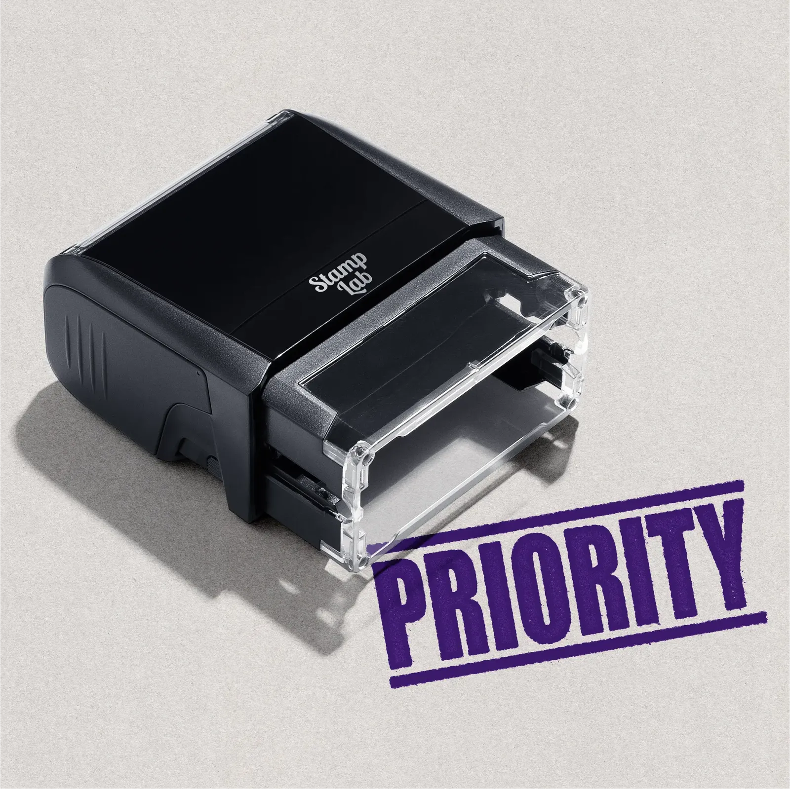 mock up design or lifestyle image of 'Priority' rubber stamp violet ink in paper background stampers hand stamp office business inventory documents self inking prefill refillable stamps stamping purple