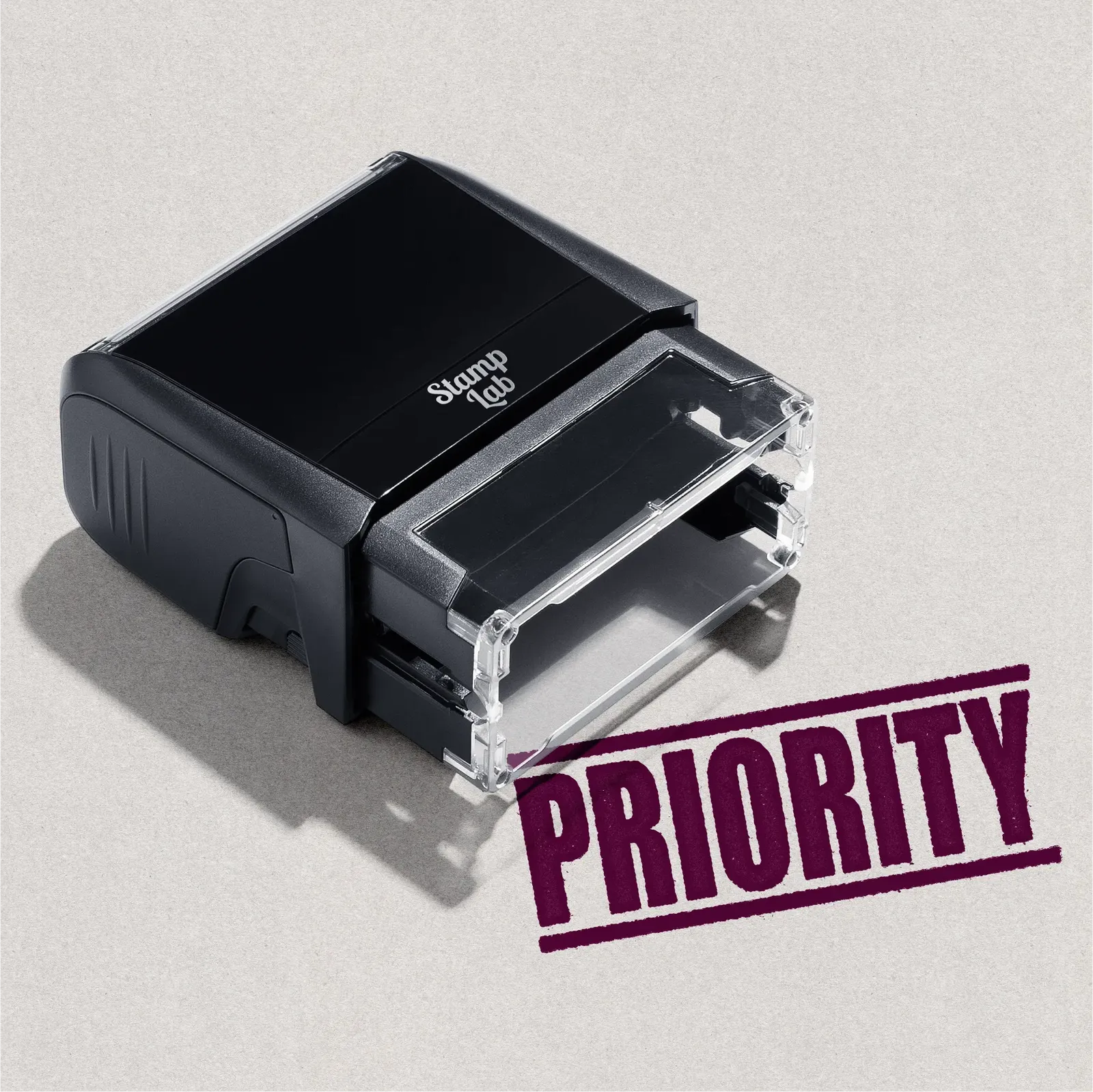 mock up design or lifestyle image of 'Priority' rubber stamp maroon ink in paper background stampers hand stamp office business inventory documents self inking prefill refillable stamps stamping