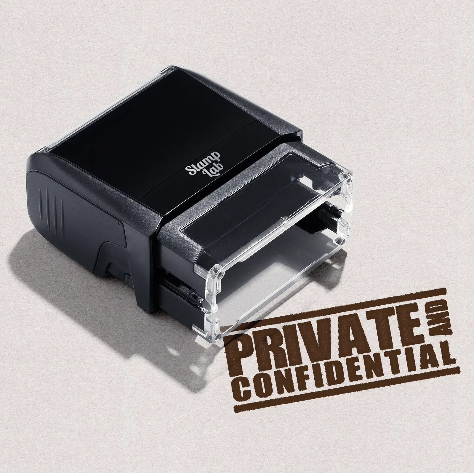 mock up design or lifestyle image of 'Private and Confidential' rubber stamp brown ink in paper background stampers hand stamp office business inventory documents