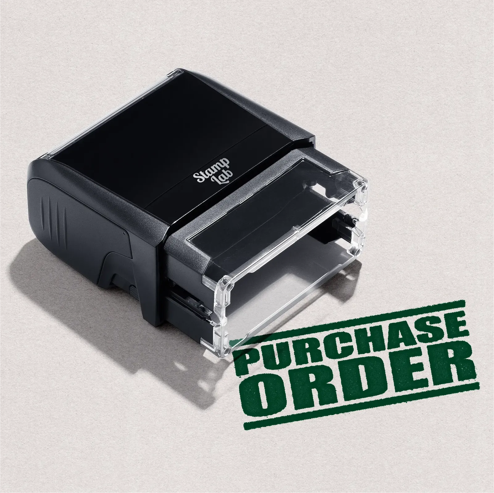 self-inking stamp with 'Purchase Order' text in Green ink.