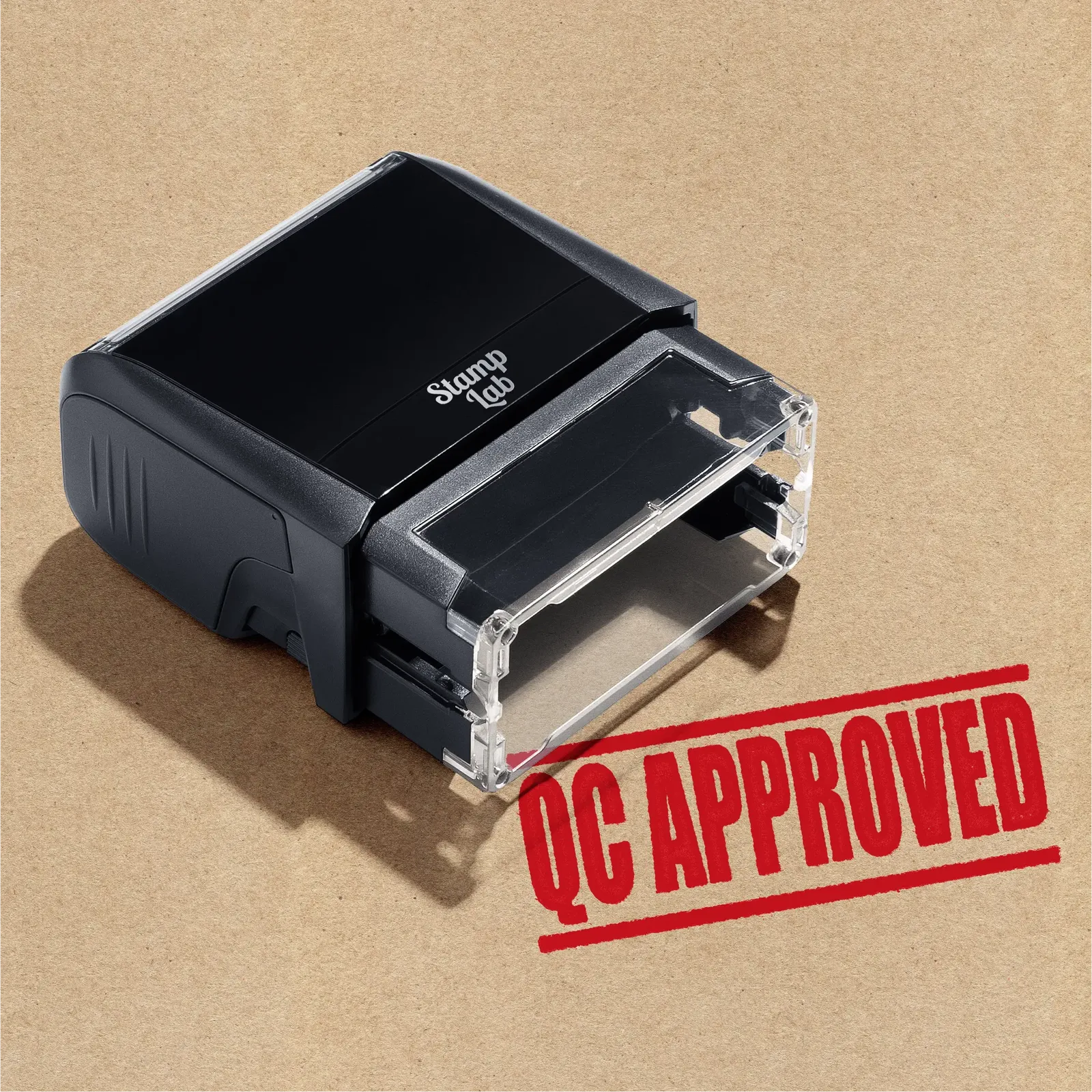 self-inking rubber stamp QC Approved design in red ink