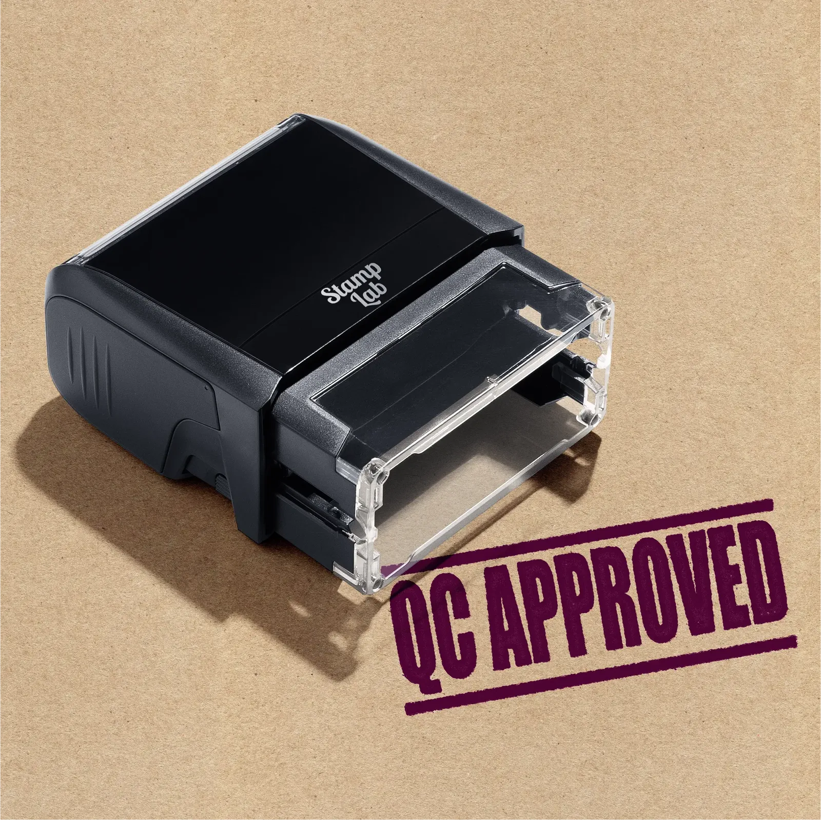 Self-inking office stamp QC Approved maroon