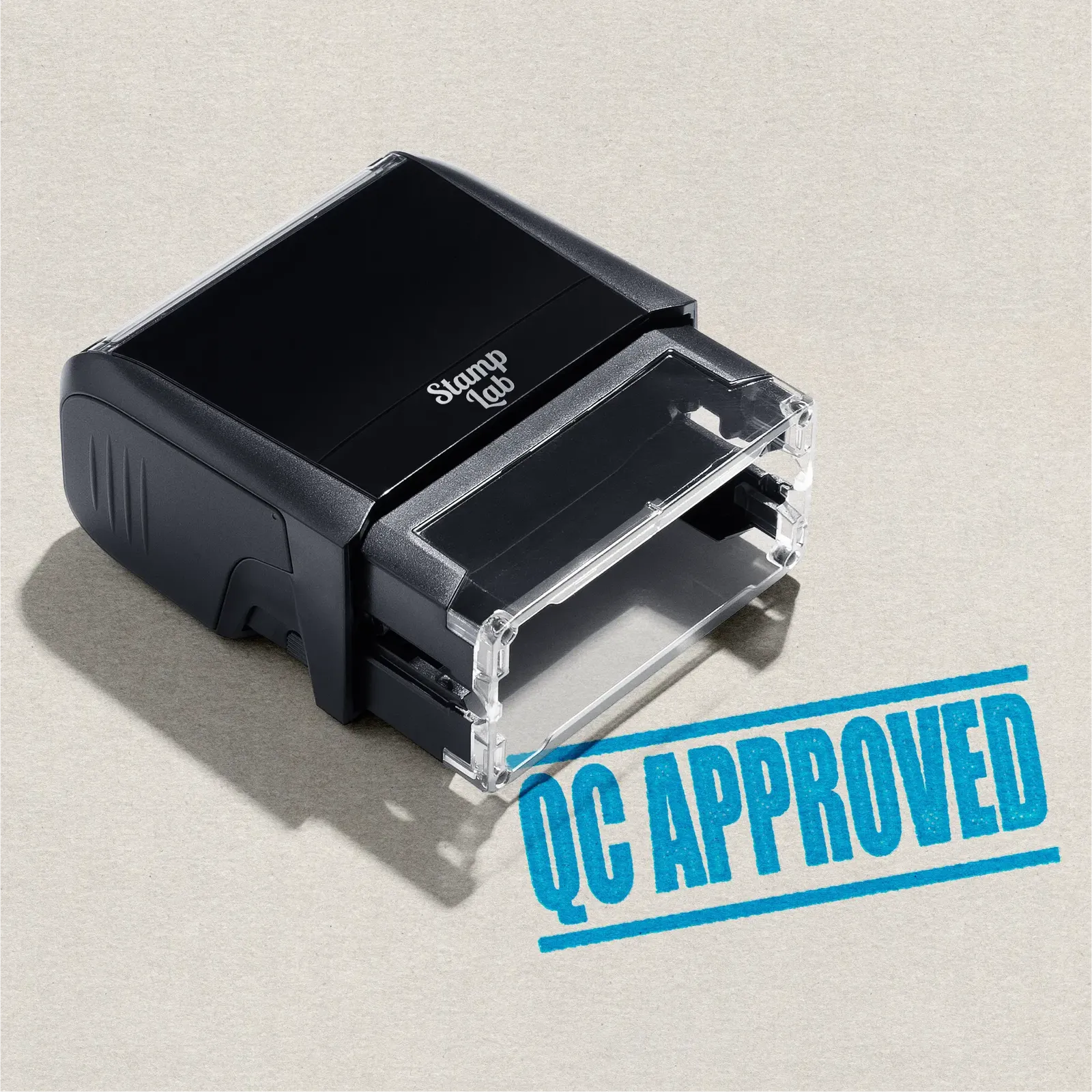 'QC Approved' self-inking stamp Turquoise ink