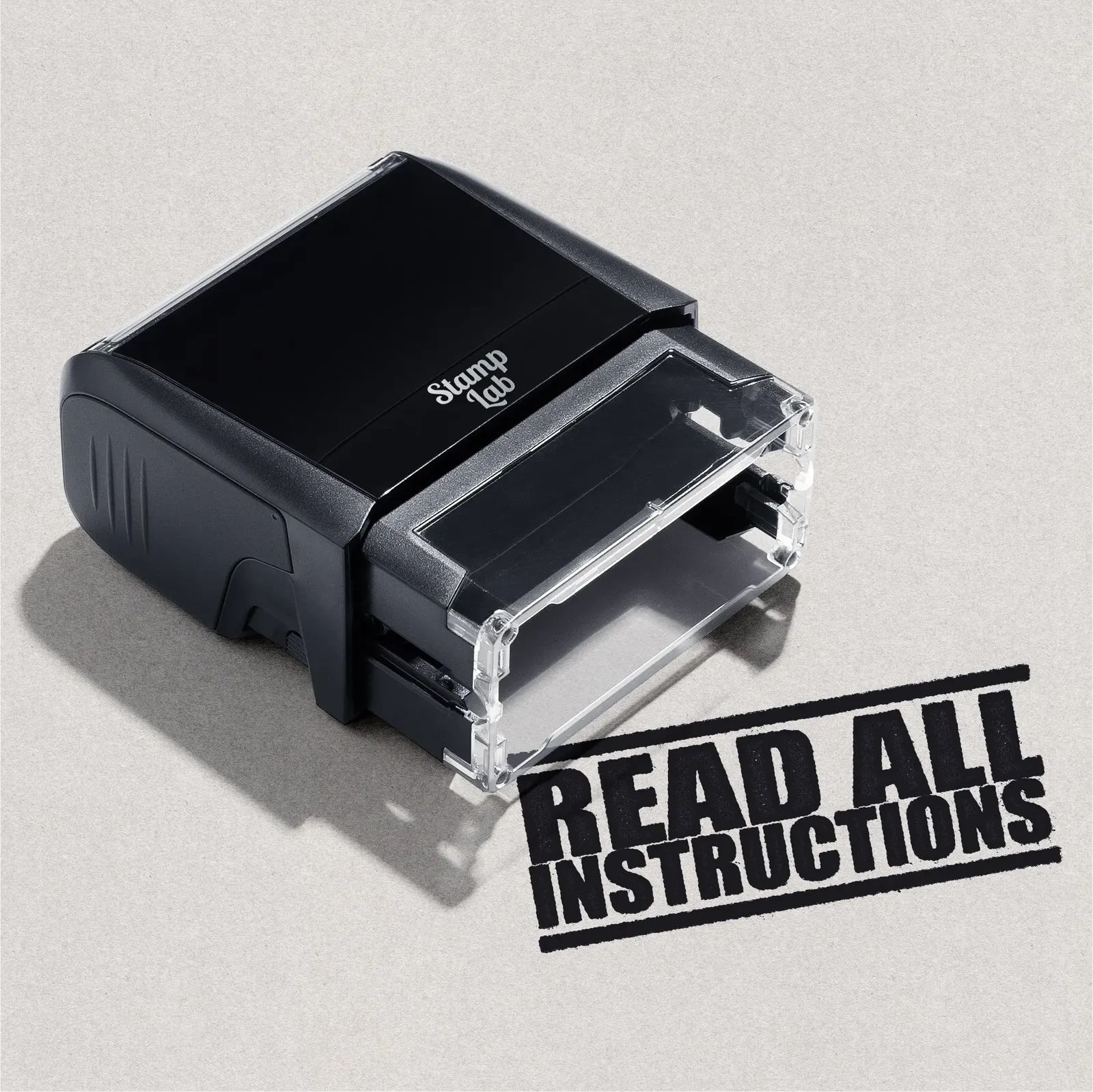 pre-designed stamp with text 'Read All Instructions' Black ink